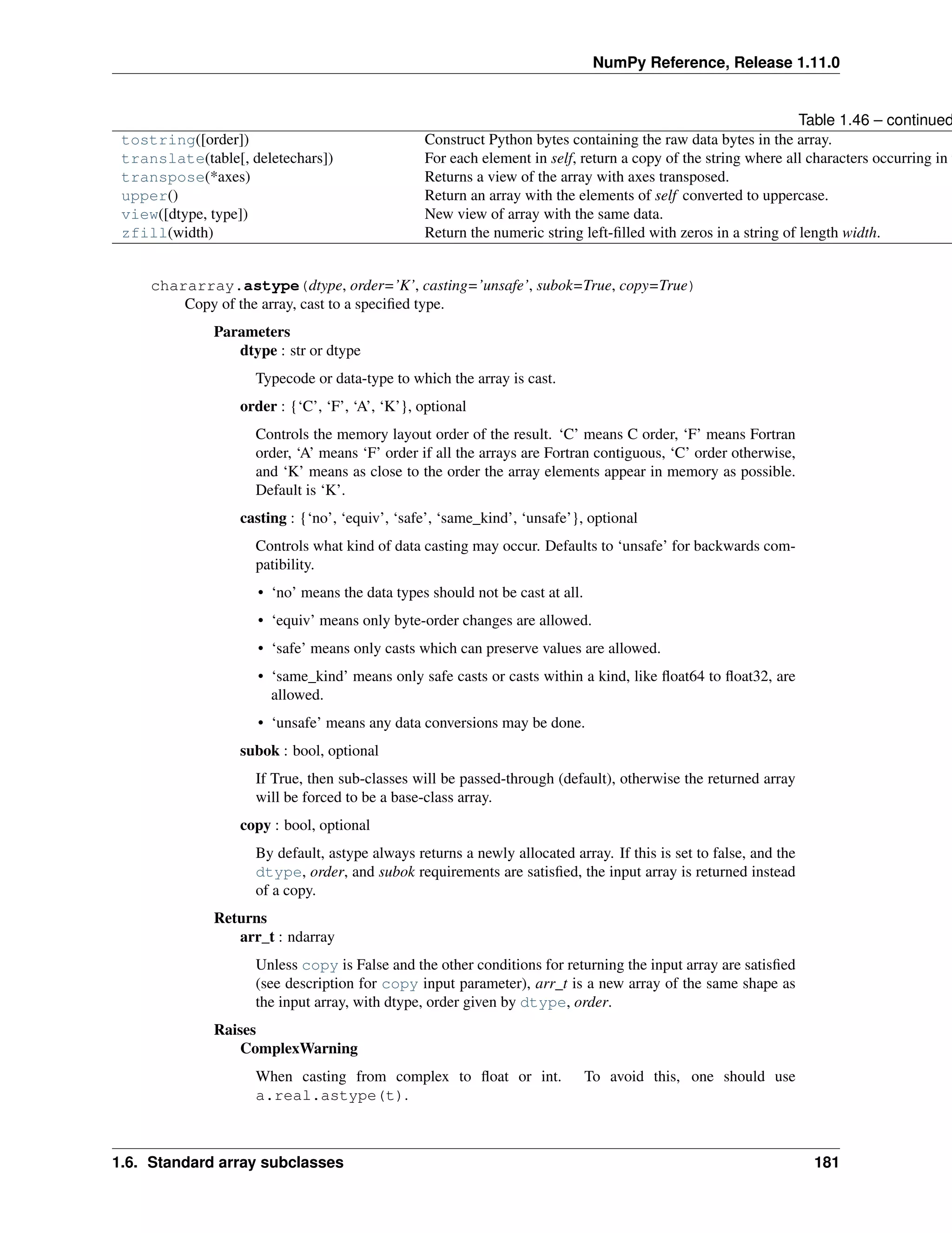 NumPy Reference, Release 1.11.0
Table 1.46 – continued
tostring([order]) Construct Python bytes containing the raw data bytes in the array.
translate(table[, deletechars]) For each element in self, return a copy of the string where all characters occurring in t
transpose(*axes) Returns a view of the array with axes transposed.
upper() Return an array with the elements of self converted to uppercase.
view([dtype, type]) New view of array with the same data.
zfill(width) Return the numeric string left-filled with zeros in a string of length width.
chararray.astype(dtype, order=’K’, casting=’unsafe’, subok=True, copy=True)
Copy of the array, cast to a specified type.
Parameters
dtype : str or dtype
Typecode or data-type to which the array is cast.
order : {‘C’, ‘F’, ‘A’, ‘K’}, optional
Controls the memory layout order of the result. ‘C’ means C order, ‘F’ means Fortran
order, ‘A’ means ‘F’ order if all the arrays are Fortran contiguous, ‘C’ order otherwise,
and ‘K’ means as close to the order the array elements appear in memory as possible.
Default is ‘K’.
casting : {‘no’, ‘equiv’, ‘safe’, ‘same_kind’, ‘unsafe’}, optional
Controls what kind of data casting may occur. Defaults to ‘unsafe’ for backwards com-
patibility.
• ‘no’ means the data types should not be cast at all.
• ‘equiv’ means only byte-order changes are allowed.
• ‘safe’ means only casts which can preserve values are allowed.
• ‘same_kind’ means only safe casts or casts within a kind, like float64 to float32, are
allowed.
• ‘unsafe’ means any data conversions may be done.
subok : bool, optional
If True, then sub-classes will be passed-through (default), otherwise the returned array
will be forced to be a base-class array.
copy : bool, optional
By default, astype always returns a newly allocated array. If this is set to false, and the
dtype, order, and subok requirements are satisfied, the input array is returned instead
of a copy.
Returns
arr_t : ndarray
Unless copy is False and the other conditions for returning the input array are satisfied
(see description for copy input parameter), arr_t is a new array of the same shape as
the input array, with dtype, order given by dtype, order.
Raises
ComplexWarning
When casting from complex to float or int. To avoid this, one should use
a.real.astype(t).
1.6. Standard array subclasses 181
 