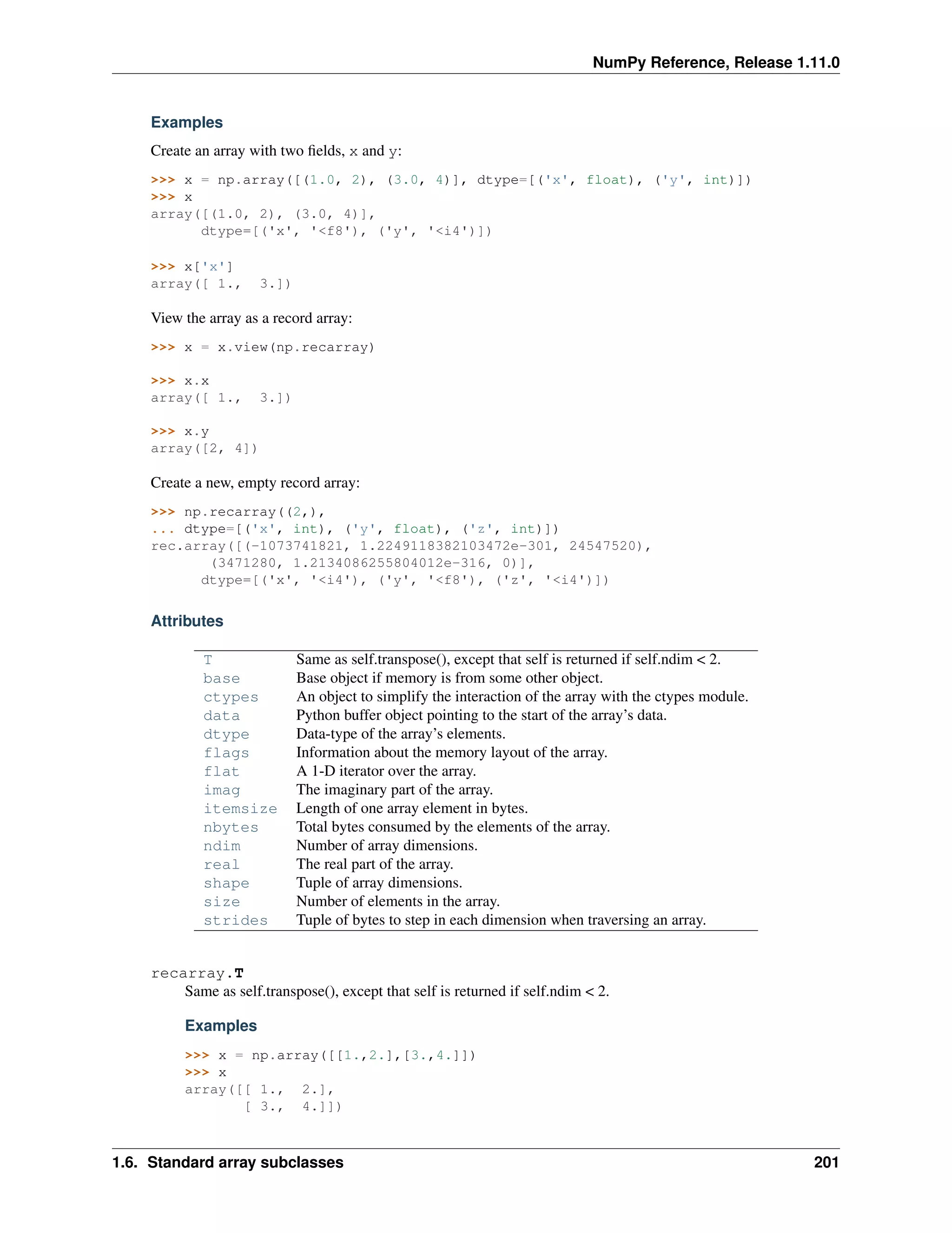 NumPy Reference, Release 1.11.0
Examples
Create an array with two fields, x and y:
>>> x = np.array([(1.0, 2), (3.0, 4)], dtype=[('x', float), ('y', int)])
>>> x
array([(1.0, 2), (3.0, 4)],
dtype=[('x', '<f8'), ('y', '<i4')])
>>> x['x']
array([ 1., 3.])
View the array as a record array:
>>> x = x.view(np.recarray)
>>> x.x
array([ 1., 3.])
>>> x.y
array([2, 4])
Create a new, empty record array:
>>> np.recarray((2,),
... dtype=[('x', int), ('y', float), ('z', int)])
rec.array([(-1073741821, 1.2249118382103472e-301, 24547520),
(3471280, 1.2134086255804012e-316, 0)],
dtype=[('x', '<i4'), ('y', '<f8'), ('z', '<i4')])
Attributes
T Same as self.transpose(), except that self is returned if self.ndim < 2.
base Base object if memory is from some other object.
ctypes An object to simplify the interaction of the array with the ctypes module.
data Python buffer object pointing to the start of the array’s data.
dtype Data-type of the array’s elements.
flags Information about the memory layout of the array.
flat A 1-D iterator over the array.
imag The imaginary part of the array.
itemsize Length of one array element in bytes.
nbytes Total bytes consumed by the elements of the array.
ndim Number of array dimensions.
real The real part of the array.
shape Tuple of array dimensions.
size Number of elements in the array.
strides Tuple of bytes to step in each dimension when traversing an array.
recarray.T
Same as self.transpose(), except that self is returned if self.ndim < 2.
Examples
>>> x = np.array([[1.,2.],[3.,4.]])
>>> x
array([[ 1., 2.],
[ 3., 4.]])
1.6. Standard array subclasses 201
 