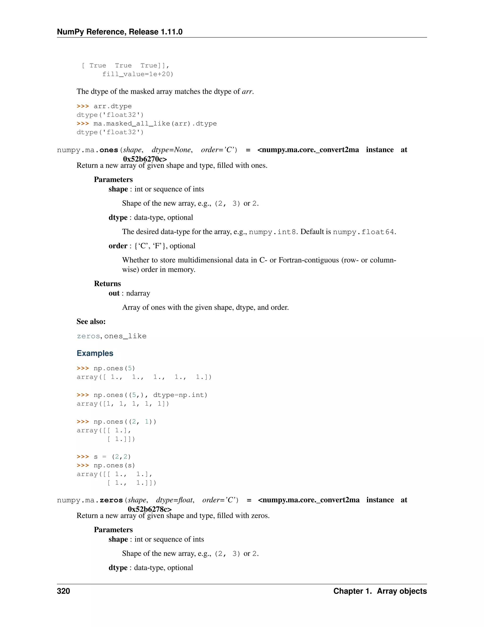 NumPy Reference, Release 1.11.0
[ True True True]],
fill_value=1e+20)
The dtype of the masked array matches the dtype of arr.
>>> arr.dtype
dtype('float32')
>>> ma.masked_all_like(arr).dtype
dtype('float32')
numpy.ma.ones(shape, dtype=None, order=’C’) = <numpy.ma.core._convert2ma instance at
0x52b6270c>
Return a new array of given shape and type, filled with ones.
Parameters
shape : int or sequence of ints
Shape of the new array, e.g., (2, 3) or 2.
dtype : data-type, optional
The desired data-type for the array, e.g., numpy.int8. Default is numpy.float64.
order : {‘C’, ‘F’}, optional
Whether to store multidimensional data in C- or Fortran-contiguous (row- or column-
wise) order in memory.
Returns
out : ndarray
Array of ones with the given shape, dtype, and order.
See also:
zeros, ones_like
Examples
>>> np.ones(5)
array([ 1., 1., 1., 1., 1.])
>>> np.ones((5,), dtype=np.int)
array([1, 1, 1, 1, 1])
>>> np.ones((2, 1))
array([[ 1.],
[ 1.]])
>>> s = (2,2)
>>> np.ones(s)
array([[ 1., 1.],
[ 1., 1.]])
numpy.ma.zeros(shape, dtype=float, order=’C’) = <numpy.ma.core._convert2ma instance at
0x52b6278c>
Return a new array of given shape and type, filled with zeros.
Parameters
shape : int or sequence of ints
Shape of the new array, e.g., (2, 3) or 2.
dtype : data-type, optional
320 Chapter 1. Array objects
 
