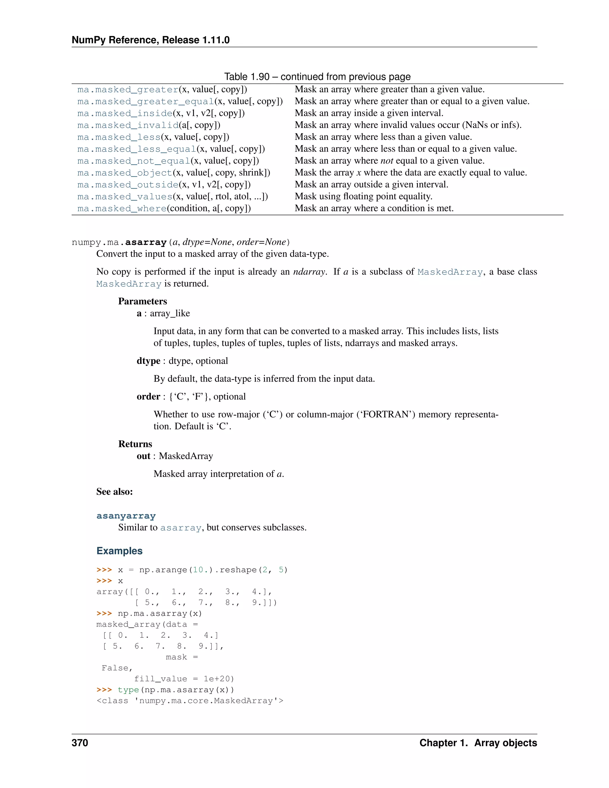 NumPy Reference, Release 1.11.0
Table 1.90 – continued from previous page
ma.masked_greater(x, value[, copy]) Mask an array where greater than a given value.
ma.masked_greater_equal(x, value[, copy]) Mask an array where greater than or equal to a given value.
ma.masked_inside(x, v1, v2[, copy]) Mask an array inside a given interval.
ma.masked_invalid(a[, copy]) Mask an array where invalid values occur (NaNs or infs).
ma.masked_less(x, value[, copy]) Mask an array where less than a given value.
ma.masked_less_equal(x, value[, copy]) Mask an array where less than or equal to a given value.
ma.masked_not_equal(x, value[, copy]) Mask an array where not equal to a given value.
ma.masked_object(x, value[, copy, shrink]) Mask the array x where the data are exactly equal to value.
ma.masked_outside(x, v1, v2[, copy]) Mask an array outside a given interval.
ma.masked_values(x, value[, rtol, atol, ...]) Mask using floating point equality.
ma.masked_where(condition, a[, copy]) Mask an array where a condition is met.
numpy.ma.asarray(a, dtype=None, order=None)
Convert the input to a masked array of the given data-type.
No copy is performed if the input is already an ndarray. If a is a subclass of MaskedArray, a base class
MaskedArray is returned.
Parameters
a : array_like
Input data, in any form that can be converted to a masked array. This includes lists, lists
of tuples, tuples, tuples of tuples, tuples of lists, ndarrays and masked arrays.
dtype : dtype, optional
By default, the data-type is inferred from the input data.
order : {‘C’, ‘F’}, optional
Whether to use row-major (‘C’) or column-major (‘FORTRAN’) memory representa-
tion. Default is ‘C’.
Returns
out : MaskedArray
Masked array interpretation of a.
See also:
asanyarray
Similar to asarray, but conserves subclasses.
Examples
>>> x = np.arange(10.).reshape(2, 5)
>>> x
array([[ 0., 1., 2., 3., 4.],
[ 5., 6., 7., 8., 9.]])
>>> np.ma.asarray(x)
masked_array(data =
[[ 0. 1. 2. 3. 4.]
[ 5. 6. 7. 8. 9.]],
mask =
False,
fill_value = 1e+20)
>>> type(np.ma.asarray(x))
<class 'numpy.ma.core.MaskedArray'>
370 Chapter 1. Array objects
 