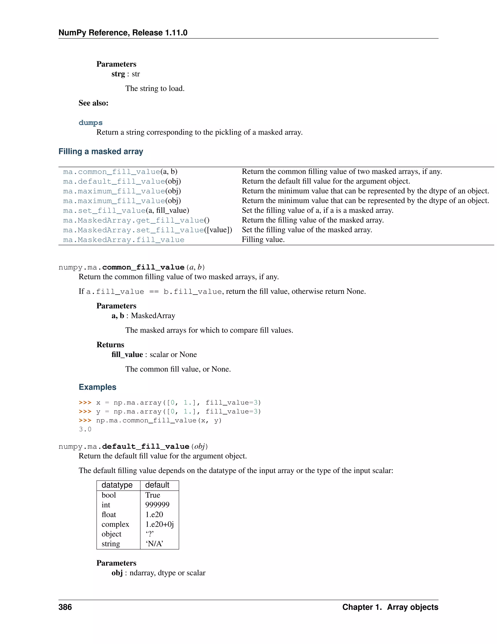 NumPy Reference, Release 1.11.0
Parameters
strg : str
The string to load.
See also:
dumps
Return a string corresponding to the pickling of a masked array.
Filling a masked array
ma.common_fill_value(a, b) Return the common filling value of two masked arrays, if any.
ma.default_fill_value(obj) Return the default fill value for the argument object.
ma.maximum_fill_value(obj) Return the minimum value that can be represented by the dtype of an object.
ma.maximum_fill_value(obj) Return the minimum value that can be represented by the dtype of an object.
ma.set_fill_value(a, fill_value) Set the filling value of a, if a is a masked array.
ma.MaskedArray.get_fill_value() Return the filling value of the masked array.
ma.MaskedArray.set_fill_value([value]) Set the filling value of the masked array.
ma.MaskedArray.fill_value Filling value.
numpy.ma.common_fill_value(a, b)
Return the common filling value of two masked arrays, if any.
If a.fill_value == b.fill_value, return the fill value, otherwise return None.
Parameters
a, b : MaskedArray
The masked arrays for which to compare fill values.
Returns
fill_value : scalar or None
The common fill value, or None.
Examples
>>> x = np.ma.array([0, 1.], fill_value=3)
>>> y = np.ma.array([0, 1.], fill_value=3)
>>> np.ma.common_fill_value(x, y)
3.0
numpy.ma.default_fill_value(obj)
Return the default fill value for the argument object.
The default filling value depends on the datatype of the input array or the type of the input scalar:
datatype default
bool True
int 999999
float 1.e20
complex 1.e20+0j
object ‘?’
string ‘N/A’
Parameters
obj : ndarray, dtype or scalar
386 Chapter 1. Array objects
 