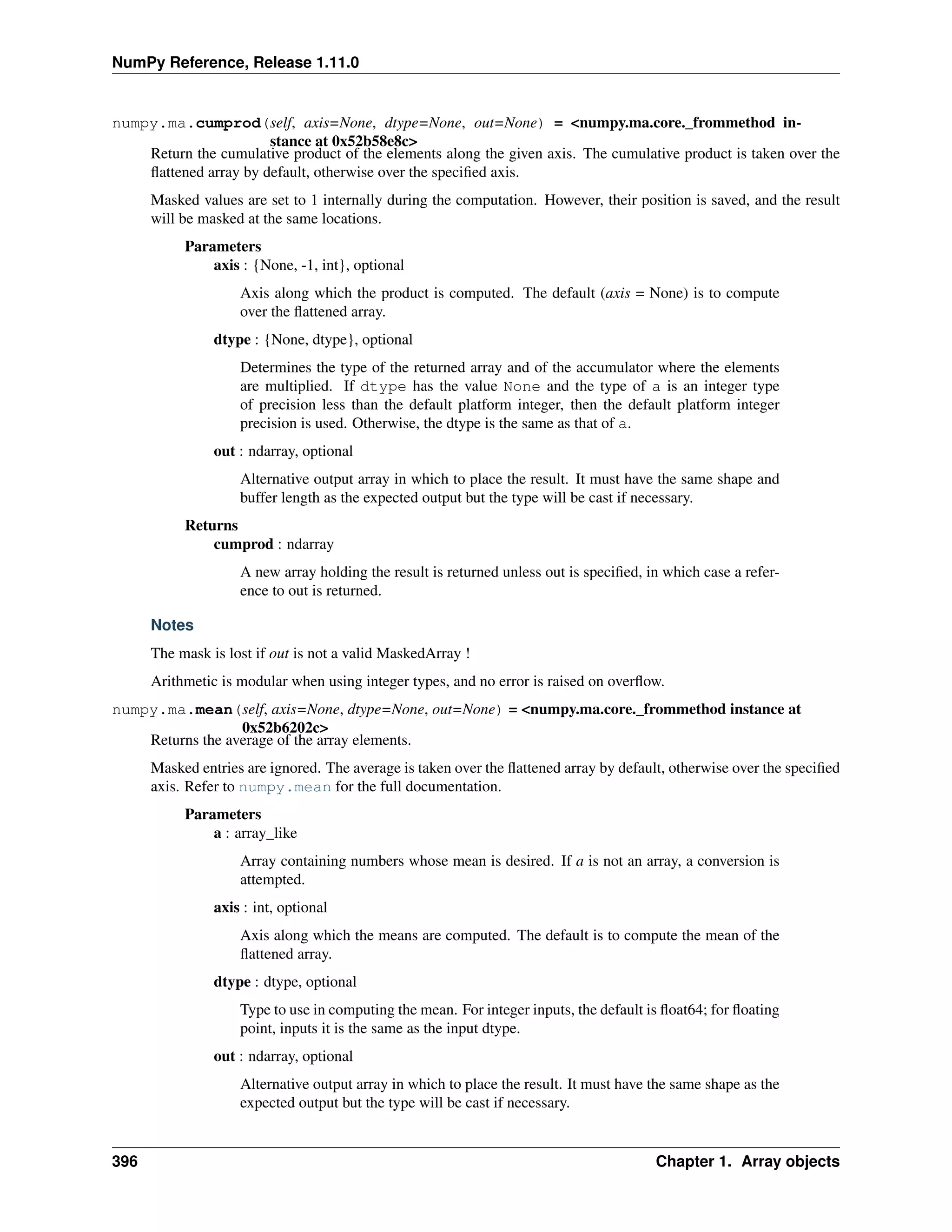 NumPy Reference, Release 1.11.0
numpy.ma.cumprod(self, axis=None, dtype=None, out=None) = <numpy.ma.core._frommethod in-
stance at 0x52b58e8c>
Return the cumulative product of the elements along the given axis. The cumulative product is taken over the
flattened array by default, otherwise over the specified axis.
Masked values are set to 1 internally during the computation. However, their position is saved, and the result
will be masked at the same locations.
Parameters
axis : {None, -1, int}, optional
Axis along which the product is computed. The default (axis = None) is to compute
over the flattened array.
dtype : {None, dtype}, optional
Determines the type of the returned array and of the accumulator where the elements
are multiplied. If dtype has the value None and the type of a is an integer type
of precision less than the default platform integer, then the default platform integer
precision is used. Otherwise, the dtype is the same as that of a.
out : ndarray, optional
Alternative output array in which to place the result. It must have the same shape and
buffer length as the expected output but the type will be cast if necessary.
Returns
cumprod : ndarray
A new array holding the result is returned unless out is specified, in which case a refer-
ence to out is returned.
Notes
The mask is lost if out is not a valid MaskedArray !
Arithmetic is modular when using integer types, and no error is raised on overflow.
numpy.ma.mean(self, axis=None, dtype=None, out=None) = <numpy.ma.core._frommethod instance at
0x52b6202c>
Returns the average of the array elements.
Masked entries are ignored. The average is taken over the flattened array by default, otherwise over the specified
axis. Refer to numpy.mean for the full documentation.
Parameters
a : array_like
Array containing numbers whose mean is desired. If a is not an array, a conversion is
attempted.
axis : int, optional
Axis along which the means are computed. The default is to compute the mean of the
flattened array.
dtype : dtype, optional
Type to use in computing the mean. For integer inputs, the default is float64; for floating
point, inputs it is the same as the input dtype.
out : ndarray, optional
Alternative output array in which to place the result. It must have the same shape as the
expected output but the type will be cast if necessary.
396 Chapter 1. Array objects
 