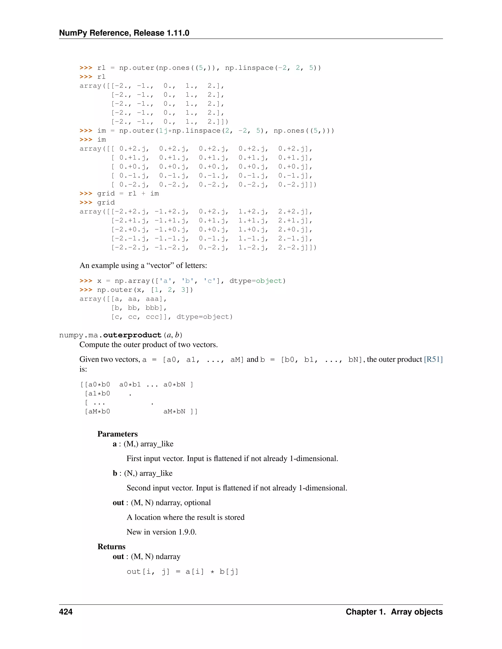 NumPy Reference, Release 1.11.0
>>> rl = np.outer(np.ones((5,)), np.linspace(-2, 2, 5))
>>> rl
array([[-2., -1., 0., 1., 2.],
[-2., -1., 0., 1., 2.],
[-2., -1., 0., 1., 2.],
[-2., -1., 0., 1., 2.],
[-2., -1., 0., 1., 2.]])
>>> im = np.outer(1j*np.linspace(2, -2, 5), np.ones((5,)))
>>> im
array([[ 0.+2.j, 0.+2.j, 0.+2.j, 0.+2.j, 0.+2.j],
[ 0.+1.j, 0.+1.j, 0.+1.j, 0.+1.j, 0.+1.j],
[ 0.+0.j, 0.+0.j, 0.+0.j, 0.+0.j, 0.+0.j],
[ 0.-1.j, 0.-1.j, 0.-1.j, 0.-1.j, 0.-1.j],
[ 0.-2.j, 0.-2.j, 0.-2.j, 0.-2.j, 0.-2.j]])
>>> grid = rl + im
>>> grid
array([[-2.+2.j, -1.+2.j, 0.+2.j, 1.+2.j, 2.+2.j],
[-2.+1.j, -1.+1.j, 0.+1.j, 1.+1.j, 2.+1.j],
[-2.+0.j, -1.+0.j, 0.+0.j, 1.+0.j, 2.+0.j],
[-2.-1.j, -1.-1.j, 0.-1.j, 1.-1.j, 2.-1.j],
[-2.-2.j, -1.-2.j, 0.-2.j, 1.-2.j, 2.-2.j]])
An example using a “vector” of letters:
>>> x = np.array(['a', 'b', 'c'], dtype=object)
>>> np.outer(x, [1, 2, 3])
array([[a, aa, aaa],
[b, bb, bbb],
[c, cc, ccc]], dtype=object)
numpy.ma.outerproduct(a, b)
Compute the outer product of two vectors.
Given two vectors, a = [a0, a1, ..., aM] and b = [b0, b1, ..., bN], the outer product [R51]
is:
[[a0*b0 a0*b1 ... a0*bN ]
[a1*b0 .
[ ... .
[aM*b0 aM*bN ]]
Parameters
a : (M,) array_like
First input vector. Input is flattened if not already 1-dimensional.
b : (N,) array_like
Second input vector. Input is flattened if not already 1-dimensional.
out : (M, N) ndarray, optional
A location where the result is stored
New in version 1.9.0.
Returns
out : (M, N) ndarray
out[i, j] = a[i] * b[j]
424 Chapter 1. Array objects
 