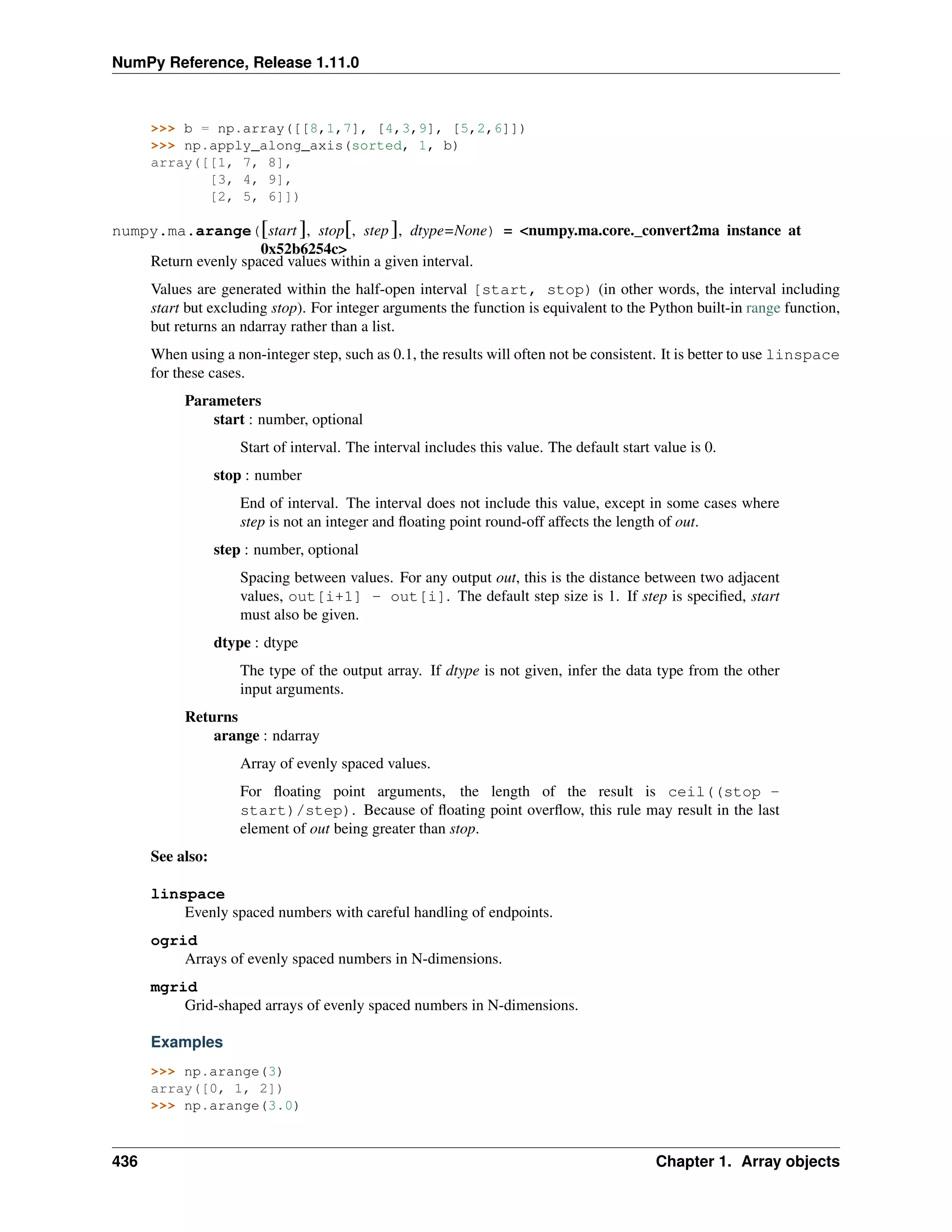 NumPy Reference, Release 1.11.0
>>> b = np.array([[8,1,7], [4,3,9], [5,2,6]])
>>> np.apply_along_axis(sorted, 1, b)
array([[1, 7, 8],
[3, 4, 9],
[2, 5, 6]])
numpy.ma.arange([start ], stop[, step], dtype=None) = <numpy.ma.core._convert2ma instance at
0x52b6254c>
Return evenly spaced values within a given interval.
Values are generated within the half-open interval [start, stop) (in other words, the interval including
start but excluding stop). For integer arguments the function is equivalent to the Python built-in range function,
but returns an ndarray rather than a list.
When using a non-integer step, such as 0.1, the results will often not be consistent. It is better to use linspace
for these cases.
Parameters
start : number, optional
Start of interval. The interval includes this value. The default start value is 0.
stop : number
End of interval. The interval does not include this value, except in some cases where
step is not an integer and floating point round-off affects the length of out.
step : number, optional
Spacing between values. For any output out, this is the distance between two adjacent
values, out[i+1] - out[i]. The default step size is 1. If step is specified, start
must also be given.
dtype : dtype
The type of the output array. If dtype is not given, infer the data type from the other
input arguments.
Returns
arange : ndarray
Array of evenly spaced values.
For floating point arguments, the length of the result is ceil((stop -
start)/step). Because of floating point overflow, this rule may result in the last
element of out being greater than stop.
See also:
linspace
Evenly spaced numbers with careful handling of endpoints.
ogrid
Arrays of evenly spaced numbers in N-dimensions.
mgrid
Grid-shaped arrays of evenly spaced numbers in N-dimensions.
Examples
>>> np.arange(3)
array([0, 1, 2])
>>> np.arange(3.0)
436 Chapter 1. Array objects
 