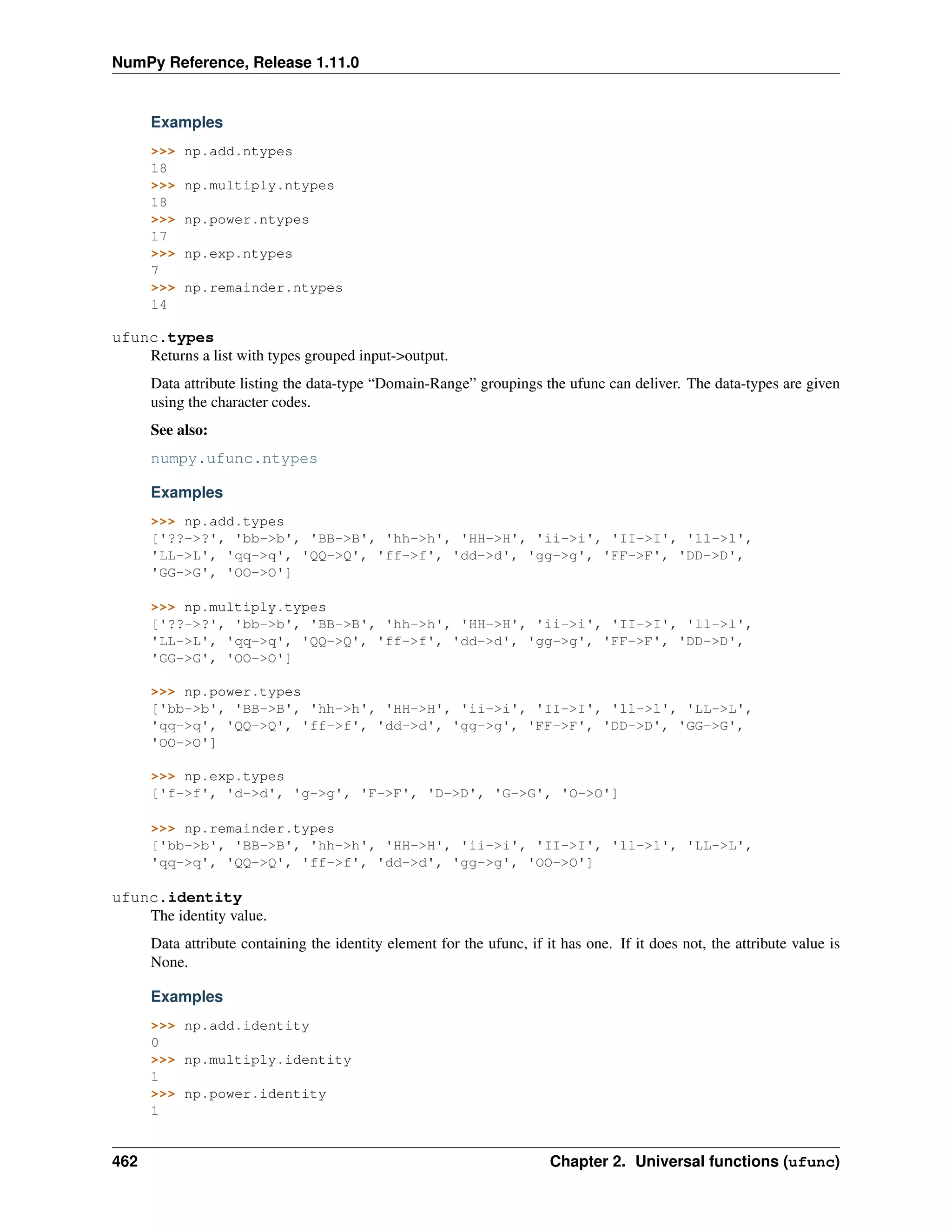 NumPy Reference, Release 1.11.0
Examples
>>> np.add.ntypes
18
>>> np.multiply.ntypes
18
>>> np.power.ntypes
17
>>> np.exp.ntypes
7
>>> np.remainder.ntypes
14
ufunc.types
Returns a list with types grouped input->output.
Data attribute listing the data-type “Domain-Range” groupings the ufunc can deliver. The data-types are given
using the character codes.
See also:
numpy.ufunc.ntypes
Examples
>>> np.add.types
['??->?', 'bb->b', 'BB->B', 'hh->h', 'HH->H', 'ii->i', 'II->I', 'll->l',
'LL->L', 'qq->q', 'QQ->Q', 'ff->f', 'dd->d', 'gg->g', 'FF->F', 'DD->D',
'GG->G', 'OO->O']
>>> np.multiply.types
['??->?', 'bb->b', 'BB->B', 'hh->h', 'HH->H', 'ii->i', 'II->I', 'll->l',
'LL->L', 'qq->q', 'QQ->Q', 'ff->f', 'dd->d', 'gg->g', 'FF->F', 'DD->D',
'GG->G', 'OO->O']
>>> np.power.types
['bb->b', 'BB->B', 'hh->h', 'HH->H', 'ii->i', 'II->I', 'll->l', 'LL->L',
'qq->q', 'QQ->Q', 'ff->f', 'dd->d', 'gg->g', 'FF->F', 'DD->D', 'GG->G',
'OO->O']
>>> np.exp.types
['f->f', 'd->d', 'g->g', 'F->F', 'D->D', 'G->G', 'O->O']
>>> np.remainder.types
['bb->b', 'BB->B', 'hh->h', 'HH->H', 'ii->i', 'II->I', 'll->l', 'LL->L',
'qq->q', 'QQ->Q', 'ff->f', 'dd->d', 'gg->g', 'OO->O']
ufunc.identity
The identity value.
Data attribute containing the identity element for the ufunc, if it has one. If it does not, the attribute value is
None.
Examples
>>> np.add.identity
0
>>> np.multiply.identity
1
>>> np.power.identity
1
462 Chapter 2. Universal functions (ufunc)
 