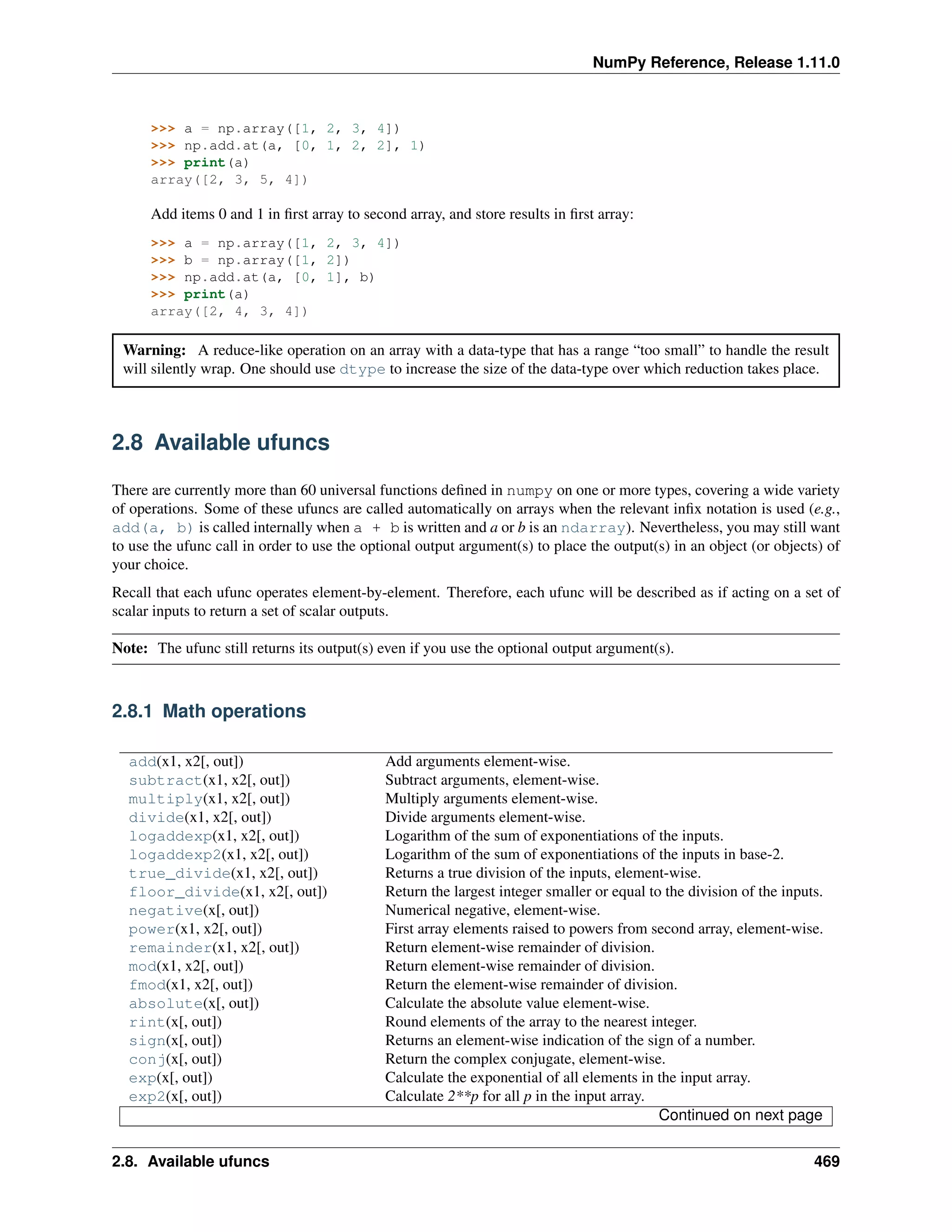 NumPy Reference, Release 1.11.0
>>> a = np.array([1, 2, 3, 4])
>>> np.add.at(a, [0, 1, 2, 2], 1)
>>> print(a)
array([2, 3, 5, 4])
Add items 0 and 1 in first array to second array, and store results in first array:
>>> a = np.array([1, 2, 3, 4])
>>> b = np.array([1, 2])
>>> np.add.at(a, [0, 1], b)
>>> print(a)
array([2, 4, 3, 4])
Warning: A reduce-like operation on an array with a data-type that has a range “too small” to handle the result
will silently wrap. One should use dtype to increase the size of the data-type over which reduction takes place.
2.8 Available ufuncs
There are currently more than 60 universal functions defined in numpy on one or more types, covering a wide variety
of operations. Some of these ufuncs are called automatically on arrays when the relevant infix notation is used (e.g.,
add(a, b) is called internally when a + b is written and a or b is an ndarray). Nevertheless, you may still want
to use the ufunc call in order to use the optional output argument(s) to place the output(s) in an object (or objects) of
your choice.
Recall that each ufunc operates element-by-element. Therefore, each ufunc will be described as if acting on a set of
scalar inputs to return a set of scalar outputs.
Note: The ufunc still returns its output(s) even if you use the optional output argument(s).
2.8.1 Math operations
add(x1, x2[, out]) Add arguments element-wise.
subtract(x1, x2[, out]) Subtract arguments, element-wise.
multiply(x1, x2[, out]) Multiply arguments element-wise.
divide(x1, x2[, out]) Divide arguments element-wise.
logaddexp(x1, x2[, out]) Logarithm of the sum of exponentiations of the inputs.
logaddexp2(x1, x2[, out]) Logarithm of the sum of exponentiations of the inputs in base-2.
true_divide(x1, x2[, out]) Returns a true division of the inputs, element-wise.
floor_divide(x1, x2[, out]) Return the largest integer smaller or equal to the division of the inputs.
negative(x[, out]) Numerical negative, element-wise.
power(x1, x2[, out]) First array elements raised to powers from second array, element-wise.
remainder(x1, x2[, out]) Return element-wise remainder of division.
mod(x1, x2[, out]) Return element-wise remainder of division.
fmod(x1, x2[, out]) Return the element-wise remainder of division.
absolute(x[, out]) Calculate the absolute value element-wise.
rint(x[, out]) Round elements of the array to the nearest integer.
sign(x[, out]) Returns an element-wise indication of the sign of a number.
conj(x[, out]) Return the complex conjugate, element-wise.
exp(x[, out]) Calculate the exponential of all elements in the input array.
exp2(x[, out]) Calculate 2**p for all p in the input array.
Continued on next page
2.8. Available ufuncs 469
 