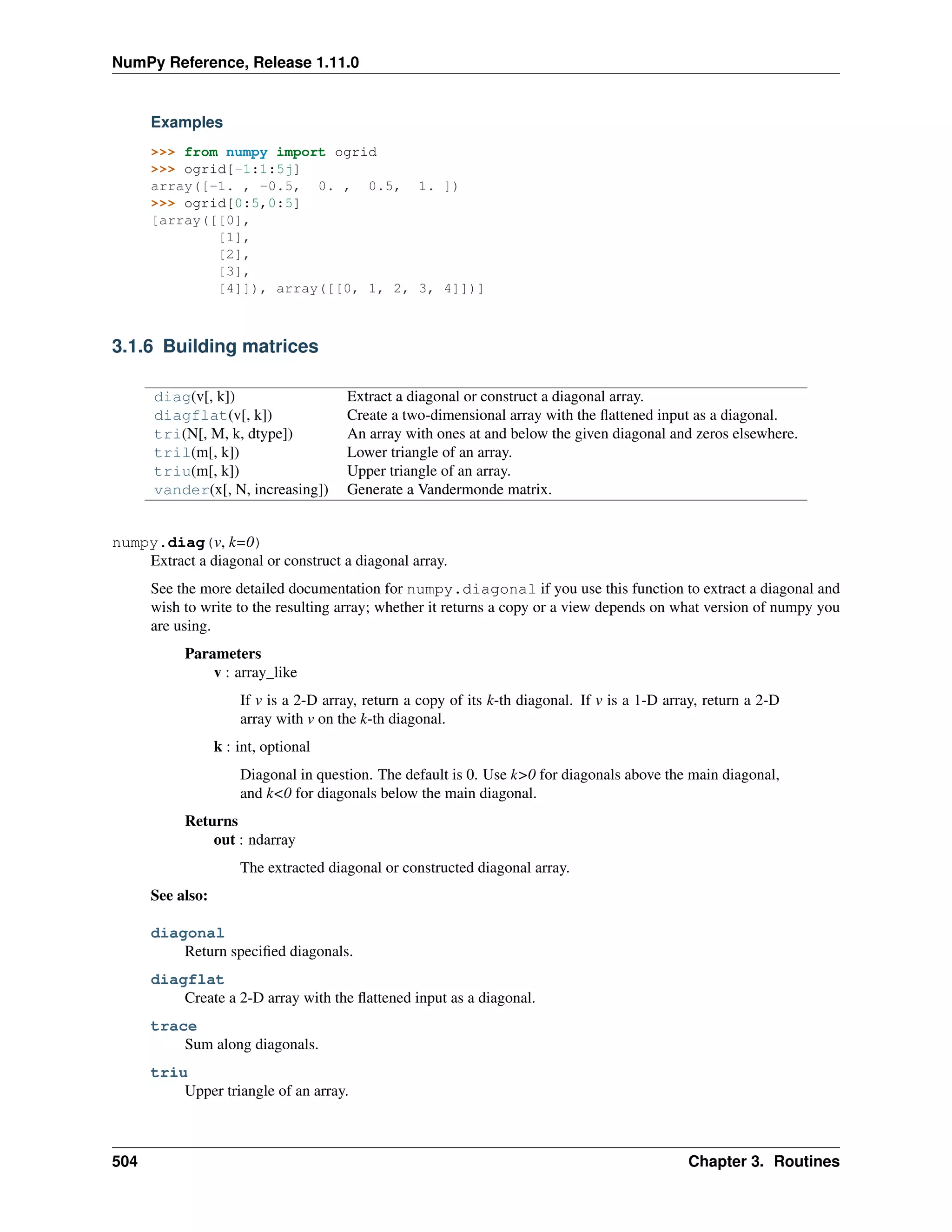 NumPy Reference, Release 1.11.0
Examples
>>> from numpy import ogrid
>>> ogrid[-1:1:5j]
array([-1. , -0.5, 0. , 0.5, 1. ])
>>> ogrid[0:5,0:5]
[array([[0],
[1],
[2],
[3],
[4]]), array([[0, 1, 2, 3, 4]])]
3.1.6 Building matrices
diag(v[, k]) Extract a diagonal or construct a diagonal array.
diagflat(v[, k]) Create a two-dimensional array with the flattened input as a diagonal.
tri(N[, M, k, dtype]) An array with ones at and below the given diagonal and zeros elsewhere.
tril(m[, k]) Lower triangle of an array.
triu(m[, k]) Upper triangle of an array.
vander(x[, N, increasing]) Generate a Vandermonde matrix.
numpy.diag(v, k=0)
Extract a diagonal or construct a diagonal array.
See the more detailed documentation for numpy.diagonal if you use this function to extract a diagonal and
wish to write to the resulting array; whether it returns a copy or a view depends on what version of numpy you
are using.
Parameters
v : array_like
If v is a 2-D array, return a copy of its k-th diagonal. If v is a 1-D array, return a 2-D
array with v on the k-th diagonal.
k : int, optional
Diagonal in question. The default is 0. Use k>0 for diagonals above the main diagonal,
and k<0 for diagonals below the main diagonal.
Returns
out : ndarray
The extracted diagonal or constructed diagonal array.
See also:
diagonal
Return specified diagonals.
diagflat
Create a 2-D array with the flattened input as a diagonal.
trace
Sum along diagonals.
triu
Upper triangle of an array.
504 Chapter 3. Routines
 