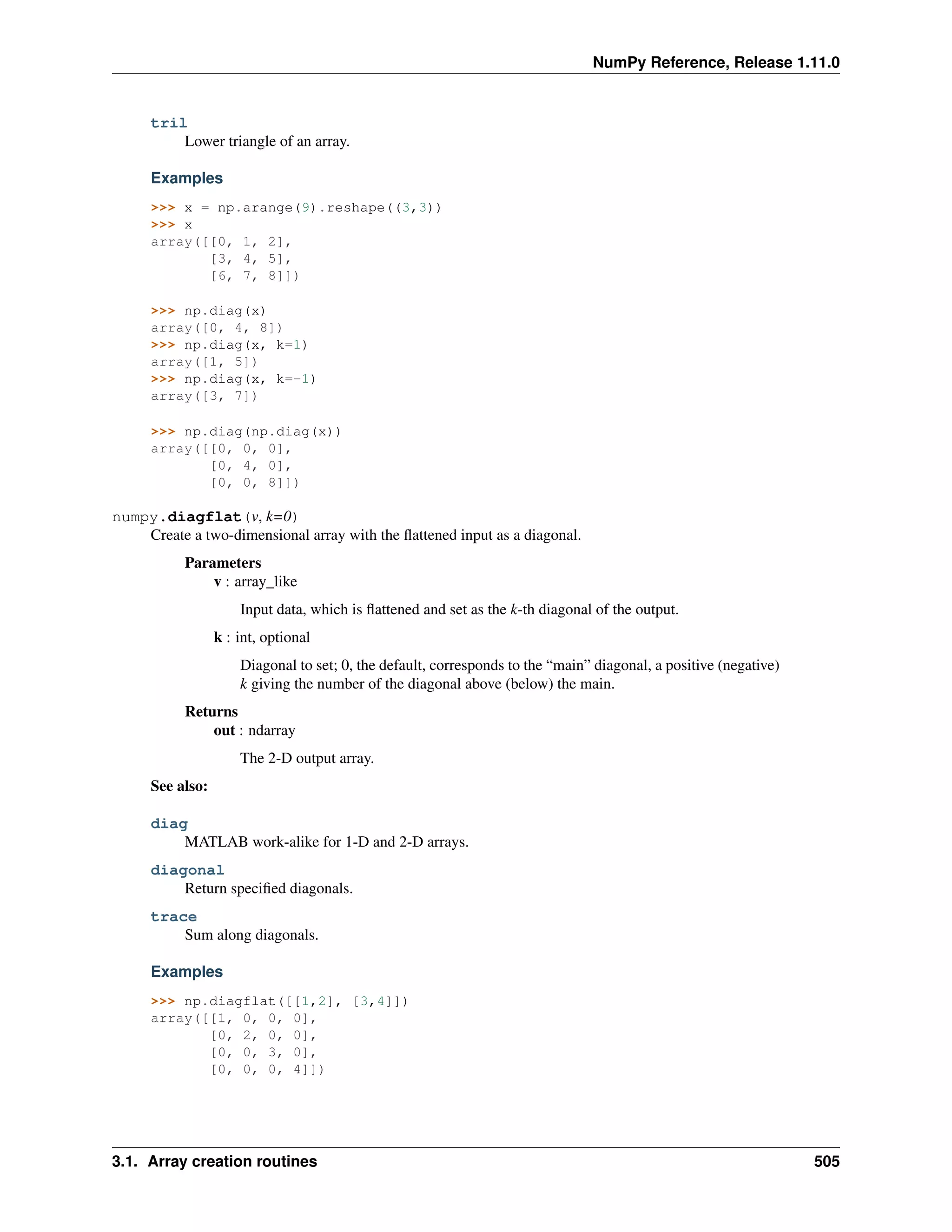 NumPy Reference, Release 1.11.0
tril
Lower triangle of an array.
Examples
>>> x = np.arange(9).reshape((3,3))
>>> x
array([[0, 1, 2],
[3, 4, 5],
[6, 7, 8]])
>>> np.diag(x)
array([0, 4, 8])
>>> np.diag(x, k=1)
array([1, 5])
>>> np.diag(x, k=-1)
array([3, 7])
>>> np.diag(np.diag(x))
array([[0, 0, 0],
[0, 4, 0],
[0, 0, 8]])
numpy.diagflat(v, k=0)
Create a two-dimensional array with the flattened input as a diagonal.
Parameters
v : array_like
Input data, which is flattened and set as the k-th diagonal of the output.
k : int, optional
Diagonal to set; 0, the default, corresponds to the “main” diagonal, a positive (negative)
k giving the number of the diagonal above (below) the main.
Returns
out : ndarray
The 2-D output array.
See also:
diag
MATLAB work-alike for 1-D and 2-D arrays.
diagonal
Return specified diagonals.
trace
Sum along diagonals.
Examples
>>> np.diagflat([[1,2], [3,4]])
array([[1, 0, 0, 0],
[0, 2, 0, 0],
[0, 0, 3, 0],
[0, 0, 0, 4]])
3.1. Array creation routines 505
 