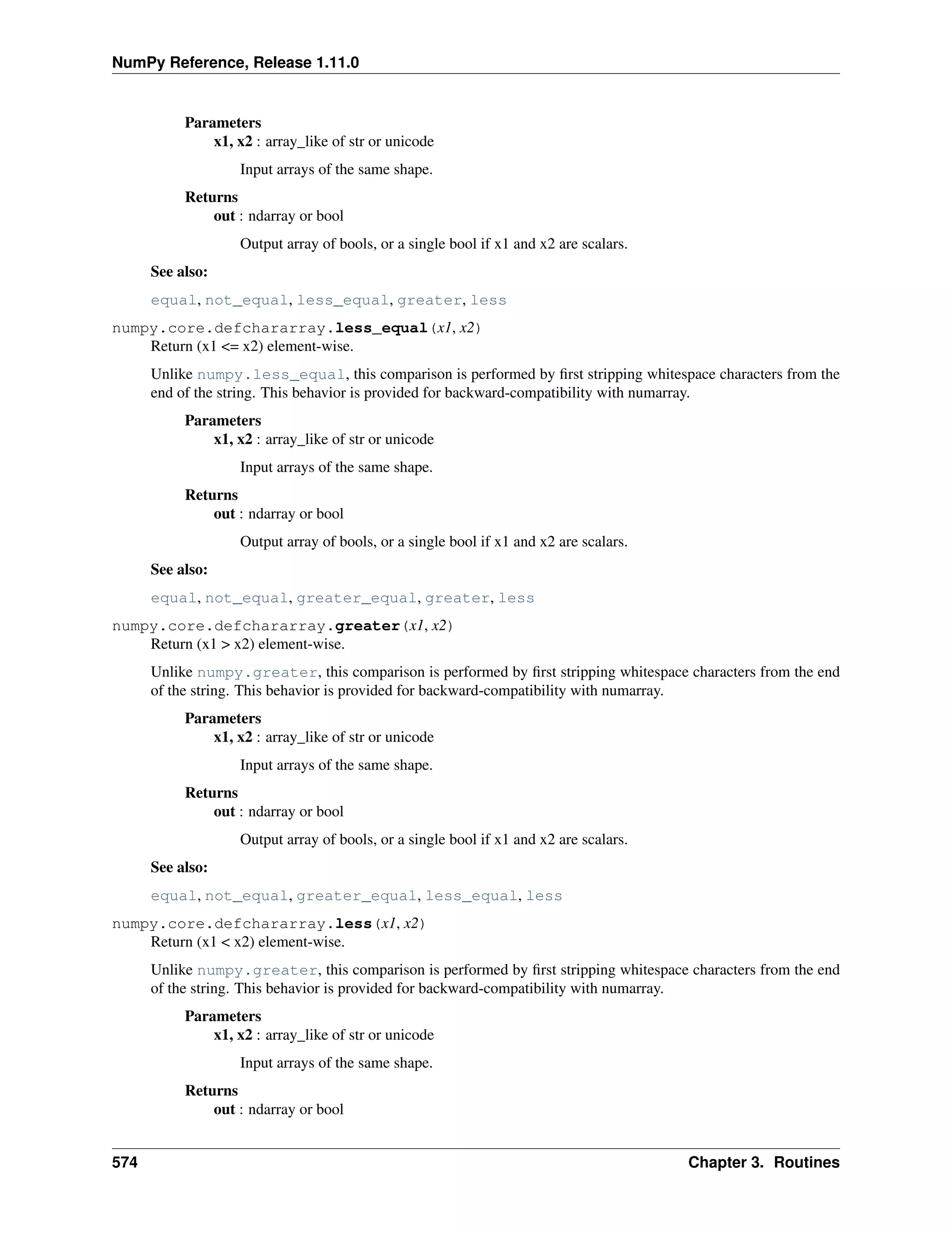NumPy Reference, Release 1.11.0
Parameters
x1, x2 : array_like of str or unicode
Input arrays of the same shape.
Returns
out : ndarray or bool
Output array of bools, or a single bool if x1 and x2 are scalars.
See also:
equal, not_equal, less_equal, greater, less
numpy.core.defchararray.less_equal(x1, x2)
Return (x1 <= x2) element-wise.
Unlike numpy.less_equal, this comparison is performed by first stripping whitespace characters from the
end of the string. This behavior is provided for backward-compatibility with numarray.
Parameters
x1, x2 : array_like of str or unicode
Input arrays of the same shape.
Returns
out : ndarray or bool
Output array of bools, or a single bool if x1 and x2 are scalars.
See also:
equal, not_equal, greater_equal, greater, less
numpy.core.defchararray.greater(x1, x2)
Return (x1 > x2) element-wise.
Unlike numpy.greater, this comparison is performed by first stripping whitespace characters from the end
of the string. This behavior is provided for backward-compatibility with numarray.
Parameters
x1, x2 : array_like of str or unicode
Input arrays of the same shape.
Returns
out : ndarray or bool
Output array of bools, or a single bool if x1 and x2 are scalars.
See also:
equal, not_equal, greater_equal, less_equal, less
numpy.core.defchararray.less(x1, x2)
Return (x1 < x2) element-wise.
Unlike numpy.greater, this comparison is performed by first stripping whitespace characters from the end
of the string. This behavior is provided for backward-compatibility with numarray.
Parameters
x1, x2 : array_like of str or unicode
Input arrays of the same shape.
Returns
out : ndarray or bool
574 Chapter 3. Routines
 