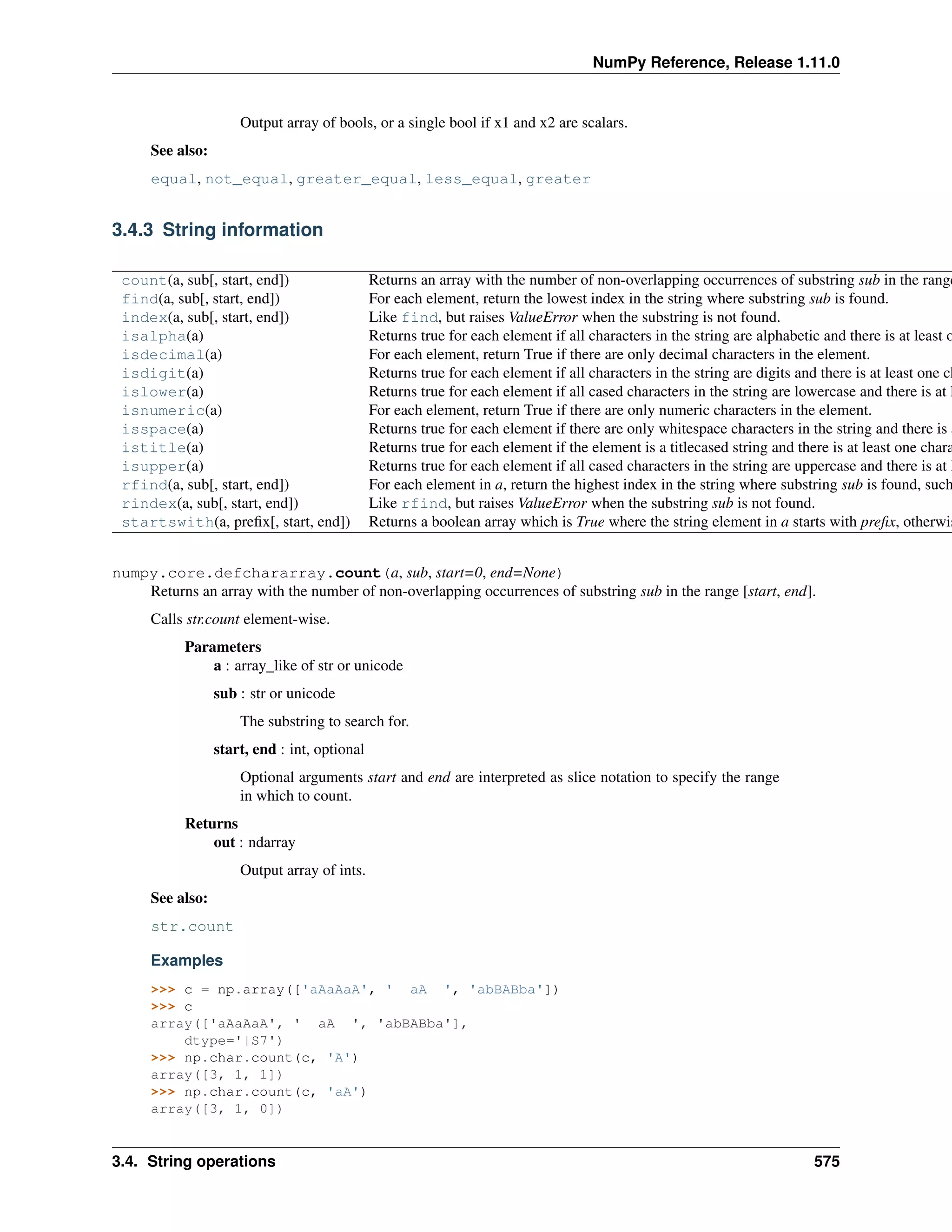 NumPy Reference, Release 1.11.0
Output array of bools, or a single bool if x1 and x2 are scalars.
See also:
equal, not_equal, greater_equal, less_equal, greater
3.4.3 String information
count(a, sub[, start, end]) Returns an array with the number of non-overlapping occurrences of substring sub in the range
find(a, sub[, start, end]) For each element, return the lowest index in the string where substring sub is found.
index(a, sub[, start, end]) Like find, but raises ValueError when the substring is not found.
isalpha(a) Returns true for each element if all characters in the string are alphabetic and there is at least o
isdecimal(a) For each element, return True if there are only decimal characters in the element.
isdigit(a) Returns true for each element if all characters in the string are digits and there is at least one ch
islower(a) Returns true for each element if all cased characters in the string are lowercase and there is at l
isnumeric(a) For each element, return True if there are only numeric characters in the element.
isspace(a) Returns true for each element if there are only whitespace characters in the string and there is a
istitle(a) Returns true for each element if the element is a titlecased string and there is at least one chara
isupper(a) Returns true for each element if all cased characters in the string are uppercase and there is at l
rfind(a, sub[, start, end]) For each element in a, return the highest index in the string where substring sub is found, such
rindex(a, sub[, start, end]) Like rfind, but raises ValueError when the substring sub is not found.
startswith(a, prefix[, start, end]) Returns a boolean array which is True where the string element in a starts with prefix, otherwis
numpy.core.defchararray.count(a, sub, start=0, end=None)
Returns an array with the number of non-overlapping occurrences of substring sub in the range [start, end].
Calls str.count element-wise.
Parameters
a : array_like of str or unicode
sub : str or unicode
The substring to search for.
start, end : int, optional
Optional arguments start and end are interpreted as slice notation to specify the range
in which to count.
Returns
out : ndarray
Output array of ints.
See also:
str.count
Examples
>>> c = np.array(['aAaAaA', ' aA ', 'abBABba'])
>>> c
array(['aAaAaA', ' aA ', 'abBABba'],
dtype='|S7')
>>> np.char.count(c, 'A')
array([3, 1, 1])
>>> np.char.count(c, 'aA')
array([3, 1, 0])
3.4. String operations 575
 