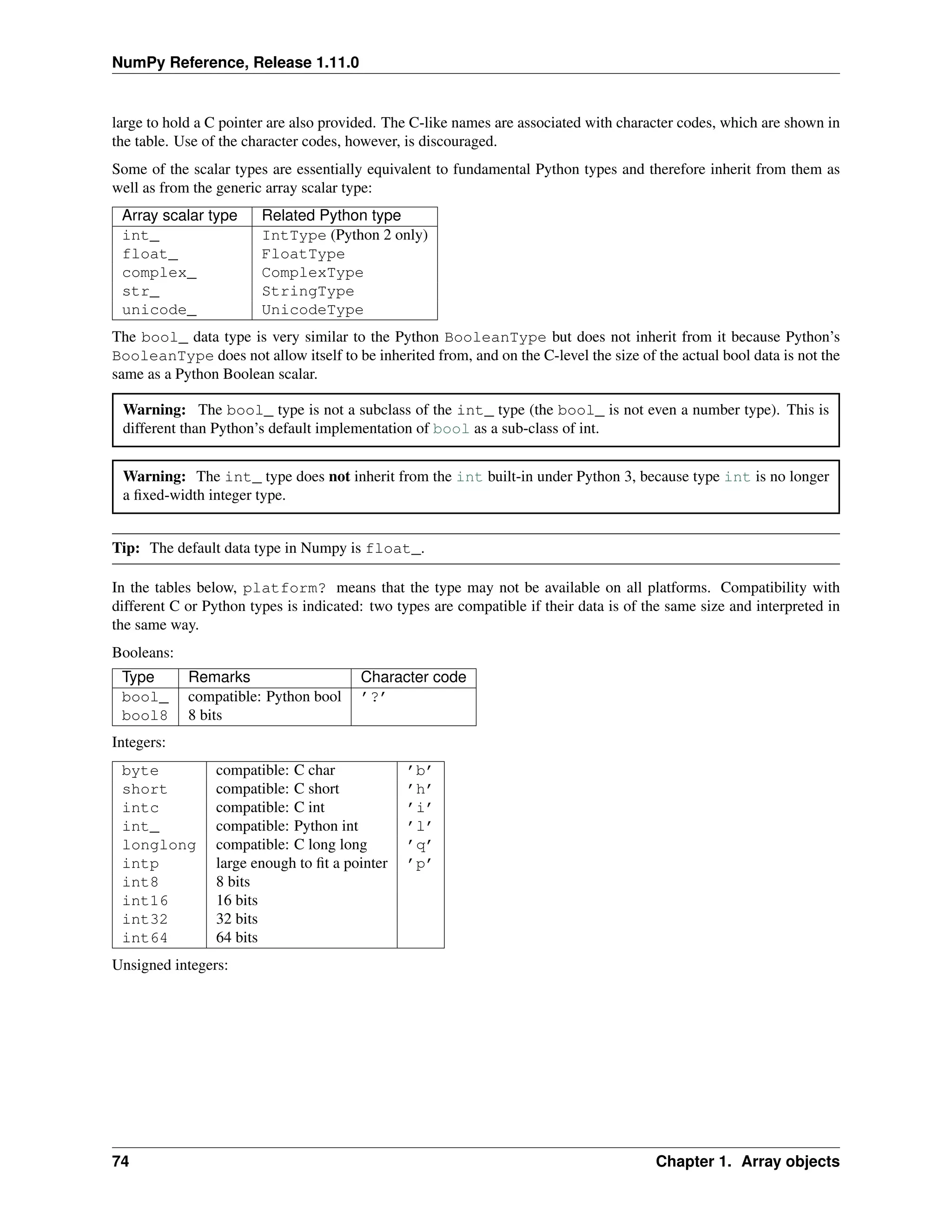 NumPy Reference, Release 1.11.0
large to hold a C pointer are also provided. The C-like names are associated with character codes, which are shown in
the table. Use of the character codes, however, is discouraged.
Some of the scalar types are essentially equivalent to fundamental Python types and therefore inherit from them as
well as from the generic array scalar type:
Array scalar type Related Python type
int_ IntType (Python 2 only)
float_ FloatType
complex_ ComplexType
str_ StringType
unicode_ UnicodeType
The bool_ data type is very similar to the Python BooleanType but does not inherit from it because Python’s
BooleanType does not allow itself to be inherited from, and on the C-level the size of the actual bool data is not the
same as a Python Boolean scalar.
Warning: The bool_ type is not a subclass of the int_ type (the bool_ is not even a number type). This is
different than Python’s default implementation of bool as a sub-class of int.
Warning: The int_ type does not inherit from the int built-in under Python 3, because type int is no longer
a fixed-width integer type.
Tip: The default data type in Numpy is float_.
In the tables below, platform? means that the type may not be available on all platforms. Compatibility with
different C or Python types is indicated: two types are compatible if their data is of the same size and interpreted in
the same way.
Booleans:
Type Remarks Character code
bool_ compatible: Python bool ’?’
bool8 8 bits
Integers:
byte compatible: C char ’b’
short compatible: C short ’h’
intc compatible: C int ’i’
int_ compatible: Python int ’l’
longlong compatible: C long long ’q’
intp large enough to fit a pointer ’p’
int8 8 bits
int16 16 bits
int32 32 bits
int64 64 bits
Unsigned integers:
74 Chapter 1. Array objects
 