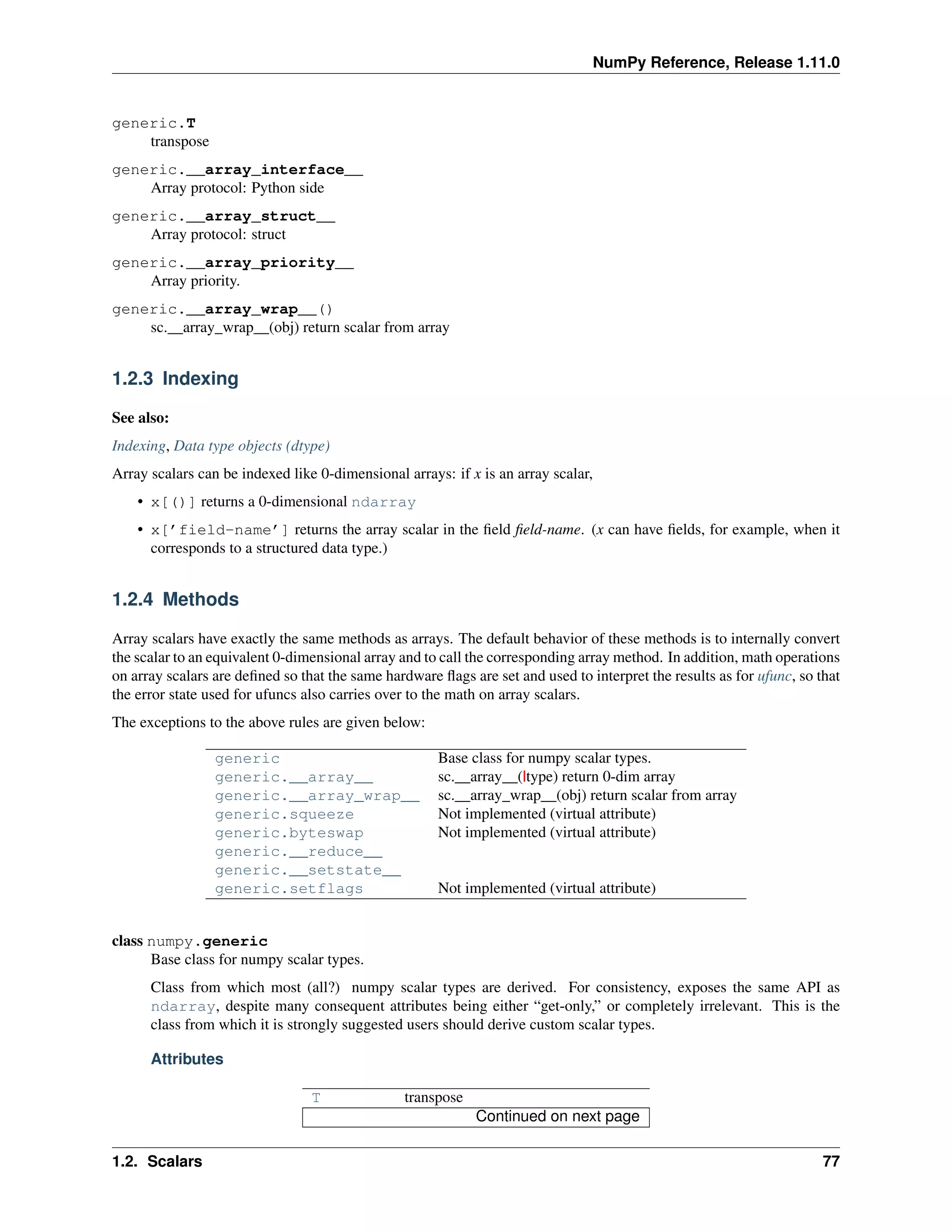 NumPy Reference, Release 1.11.0
generic.T
transpose
generic.__array_interface__
Array protocol: Python side
generic.__array_struct__
Array protocol: struct
generic.__array_priority__
Array priority.
generic.__array_wrap__()
sc.__array_wrap__(obj) return scalar from array
1.2.3 Indexing
See also:
Indexing, Data type objects (dtype)
Array scalars can be indexed like 0-dimensional arrays: if x is an array scalar,
• x[()] returns a 0-dimensional ndarray
• x[’field-name’] returns the array scalar in the field field-name. (x can have fields, for example, when it
corresponds to a structured data type.)
1.2.4 Methods
Array scalars have exactly the same methods as arrays. The default behavior of these methods is to internally convert
the scalar to an equivalent 0-dimensional array and to call the corresponding array method. In addition, math operations
on array scalars are defined so that the same hardware flags are set and used to interpret the results as for ufunc, so that
the error state used for ufuncs also carries over to the math on array scalars.
The exceptions to the above rules are given below:
generic Base class for numpy scalar types.
generic.__array__ sc.__array__(|type) return 0-dim array
generic.__array_wrap__ sc.__array_wrap__(obj) return scalar from array
generic.squeeze Not implemented (virtual attribute)
generic.byteswap Not implemented (virtual attribute)
generic.__reduce__
generic.__setstate__
generic.setflags Not implemented (virtual attribute)
class numpy.generic
Base class for numpy scalar types.
Class from which most (all?) numpy scalar types are derived. For consistency, exposes the same API as
ndarray, despite many consequent attributes being either “get-only,” or completely irrelevant. This is the
class from which it is strongly suggested users should derive custom scalar types.
Attributes
T transpose
Continued on next page
1.2. Scalars 77
 