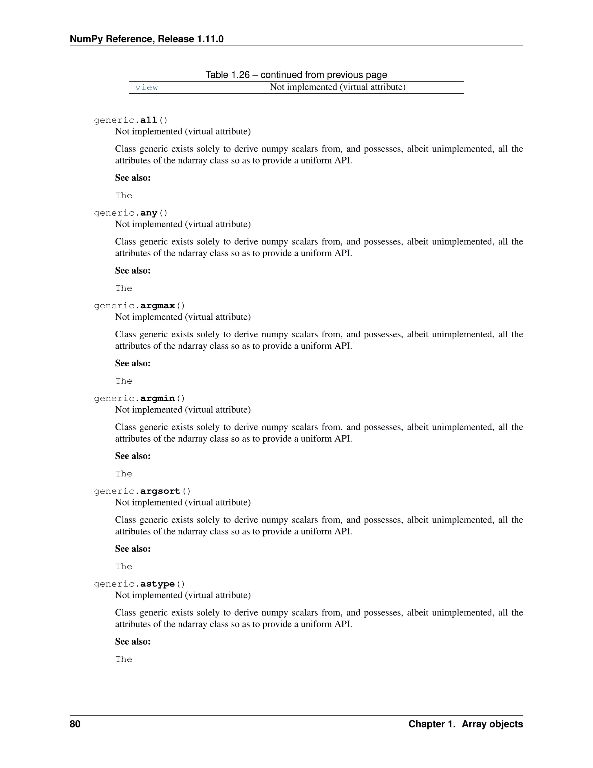 NumPy Reference, Release 1.11.0
Table 1.26 – continued from previous page
view Not implemented (virtual attribute)
generic.all()
Not implemented (virtual attribute)
Class generic exists solely to derive numpy scalars from, and possesses, albeit unimplemented, all the
attributes of the ndarray class so as to provide a uniform API.
See also:
The
generic.any()
Not implemented (virtual attribute)
Class generic exists solely to derive numpy scalars from, and possesses, albeit unimplemented, all the
attributes of the ndarray class so as to provide a uniform API.
See also:
The
generic.argmax()
Not implemented (virtual attribute)
Class generic exists solely to derive numpy scalars from, and possesses, albeit unimplemented, all the
attributes of the ndarray class so as to provide a uniform API.
See also:
The
generic.argmin()
Not implemented (virtual attribute)
Class generic exists solely to derive numpy scalars from, and possesses, albeit unimplemented, all the
attributes of the ndarray class so as to provide a uniform API.
See also:
The
generic.argsort()
Not implemented (virtual attribute)
Class generic exists solely to derive numpy scalars from, and possesses, albeit unimplemented, all the
attributes of the ndarray class so as to provide a uniform API.
See also:
The
generic.astype()
Not implemented (virtual attribute)
Class generic exists solely to derive numpy scalars from, and possesses, albeit unimplemented, all the
attributes of the ndarray class so as to provide a uniform API.
See also:
The
80 Chapter 1. Array objects
 
