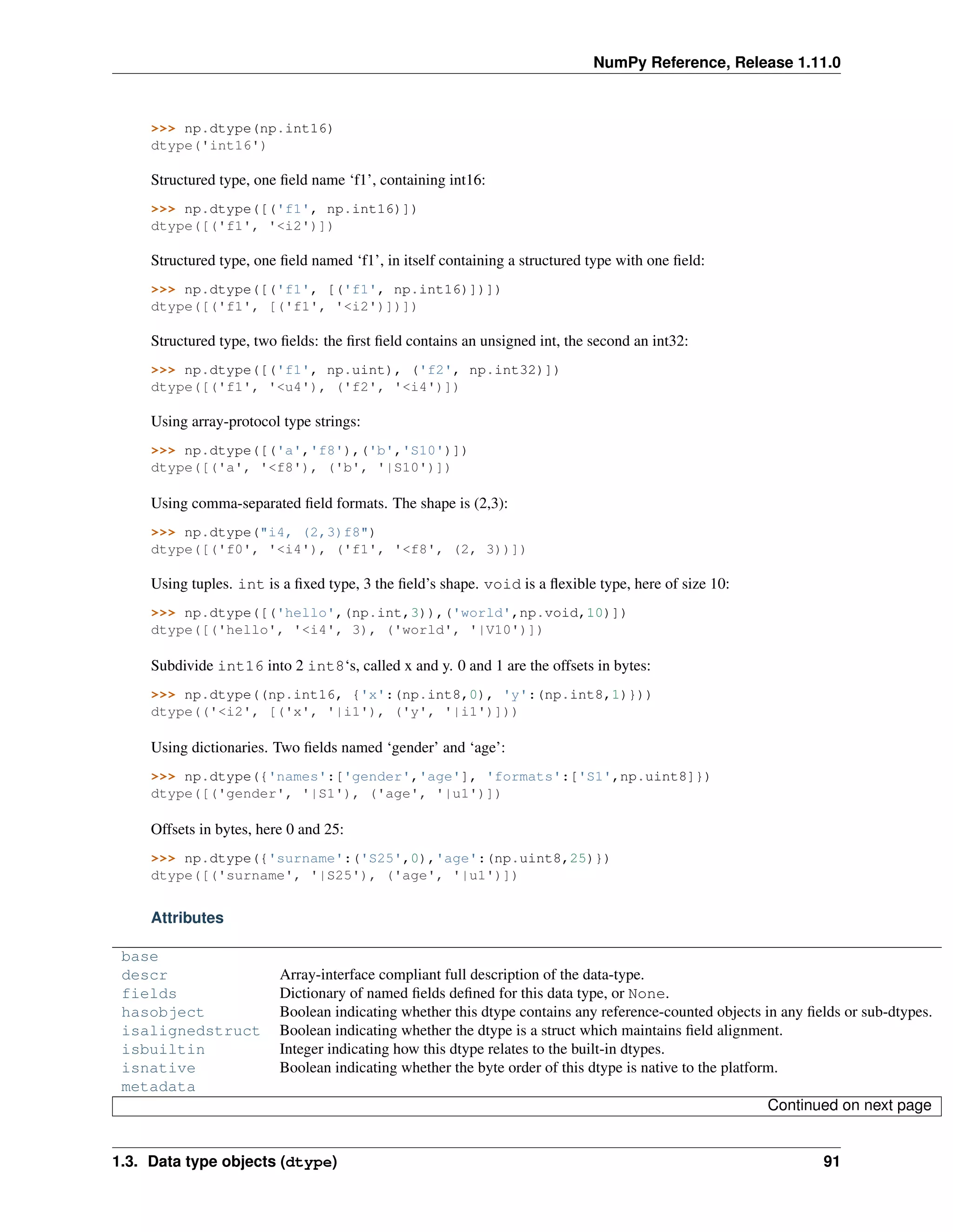 NumPy Reference, Release 1.11.0
>>> np.dtype(np.int16)
dtype('int16')
Structured type, one field name ‘f1’, containing int16:
>>> np.dtype([('f1', np.int16)])
dtype([('f1', '<i2')])
Structured type, one field named ‘f1’, in itself containing a structured type with one field:
>>> np.dtype([('f1', [('f1', np.int16)])])
dtype([('f1', [('f1', '<i2')])])
Structured type, two fields: the first field contains an unsigned int, the second an int32:
>>> np.dtype([('f1', np.uint), ('f2', np.int32)])
dtype([('f1', '<u4'), ('f2', '<i4')])
Using array-protocol type strings:
>>> np.dtype([('a','f8'),('b','S10')])
dtype([('a', '<f8'), ('b', '|S10')])
Using comma-separated field formats. The shape is (2,3):
>>> np.dtype("i4, (2,3)f8")
dtype([('f0', '<i4'), ('f1', '<f8', (2, 3))])
Using tuples. int is a fixed type, 3 the field’s shape. void is a flexible type, here of size 10:
>>> np.dtype([('hello',(np.int,3)),('world',np.void,10)])
dtype([('hello', '<i4', 3), ('world', '|V10')])
Subdivide int16 into 2 int8‘s, called x and y. 0 and 1 are the offsets in bytes:
>>> np.dtype((np.int16, {'x':(np.int8,0), 'y':(np.int8,1)}))
dtype(('<i2', [('x', '|i1'), ('y', '|i1')]))
Using dictionaries. Two fields named ‘gender’ and ‘age’:
>>> np.dtype({'names':['gender','age'], 'formats':['S1',np.uint8]})
dtype([('gender', '|S1'), ('age', '|u1')])
Offsets in bytes, here 0 and 25:
>>> np.dtype({'surname':('S25',0),'age':(np.uint8,25)})
dtype([('surname', '|S25'), ('age', '|u1')])
Attributes
base
descr Array-interface compliant full description of the data-type.
fields Dictionary of named fields defined for this data type, or None.
hasobject Boolean indicating whether this dtype contains any reference-counted objects in any fields or sub-dtypes.
isalignedstruct Boolean indicating whether the dtype is a struct which maintains field alignment.
isbuiltin Integer indicating how this dtype relates to the built-in dtypes.
isnative Boolean indicating whether the byte order of this dtype is native to the platform.
metadata
Continued on next page
1.3. Data type objects (dtype) 91
 