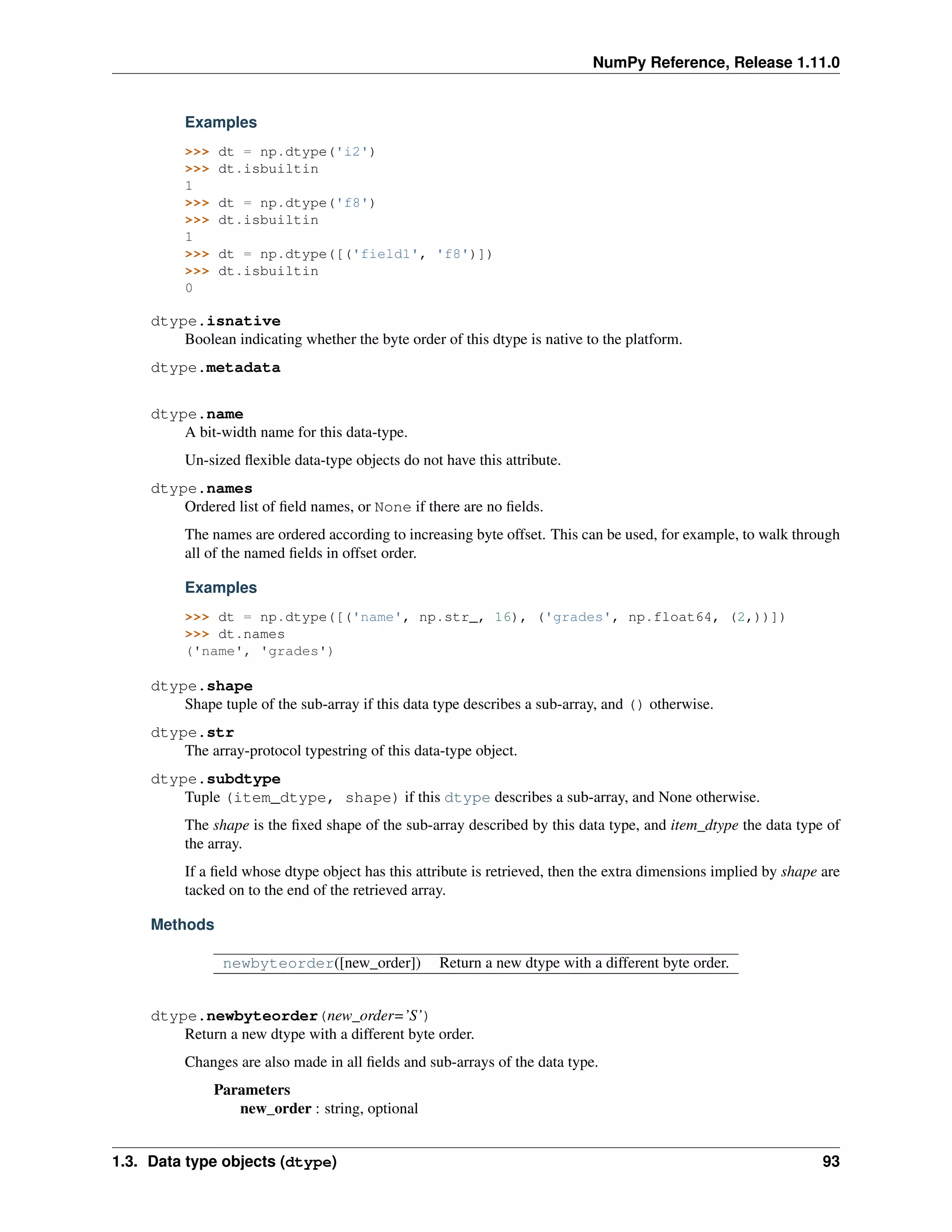 NumPy Reference, Release 1.11.0
Examples
>>> dt = np.dtype('i2')
>>> dt.isbuiltin
1
>>> dt = np.dtype('f8')
>>> dt.isbuiltin
1
>>> dt = np.dtype([('field1', 'f8')])
>>> dt.isbuiltin
0
dtype.isnative
Boolean indicating whether the byte order of this dtype is native to the platform.
dtype.metadata
dtype.name
A bit-width name for this data-type.
Un-sized flexible data-type objects do not have this attribute.
dtype.names
Ordered list of field names, or None if there are no fields.
The names are ordered according to increasing byte offset. This can be used, for example, to walk through
all of the named fields in offset order.
Examples
>>> dt = np.dtype([('name', np.str_, 16), ('grades', np.float64, (2,))])
>>> dt.names
('name', 'grades')
dtype.shape
Shape tuple of the sub-array if this data type describes a sub-array, and () otherwise.
dtype.str
The array-protocol typestring of this data-type object.
dtype.subdtype
Tuple (item_dtype, shape) if this dtype describes a sub-array, and None otherwise.
The shape is the fixed shape of the sub-array described by this data type, and item_dtype the data type of
the array.
If a field whose dtype object has this attribute is retrieved, then the extra dimensions implied by shape are
tacked on to the end of the retrieved array.
Methods
newbyteorder([new_order]) Return a new dtype with a different byte order.
dtype.newbyteorder(new_order=’S’)
Return a new dtype with a different byte order.
Changes are also made in all fields and sub-arrays of the data type.
Parameters
new_order : string, optional
1.3. Data type objects (dtype) 93
 