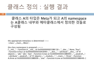 클래스 정의
Meta를 metaclass에 할당하고 A라는 클래스 정의
28
 