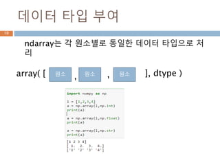 데이터 타입 부여
ndarray는 각 원소별로 동일한 데이터 타입으로 처
리
원소 원소 원소array( [ ], dtype ), ,
10
 