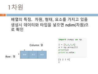 1차원
배열의 특징. 차원, 형태, 요소를 가지고 있음
생성시 데이터와 타입을 넣으면 ndim(차원)으
로 확인
12
[0,0] [0,1] [0,2]
Row : 행
Column: 열
0
0 1 2
 