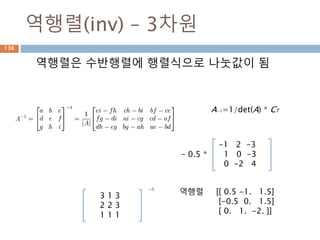 행렬식(det)
정방행렬에 하나의 수를 대응시킴으로써,
- 연립방정식의 해를 구하거나,
- 연립방정식 해의 존재성을 살피려고 할 때 쓰여짐
136
 