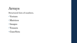 Arrays
Structured lists of numbers.
• Vectors
• Matrices
• Images
• Tensors
• ConvNets
 