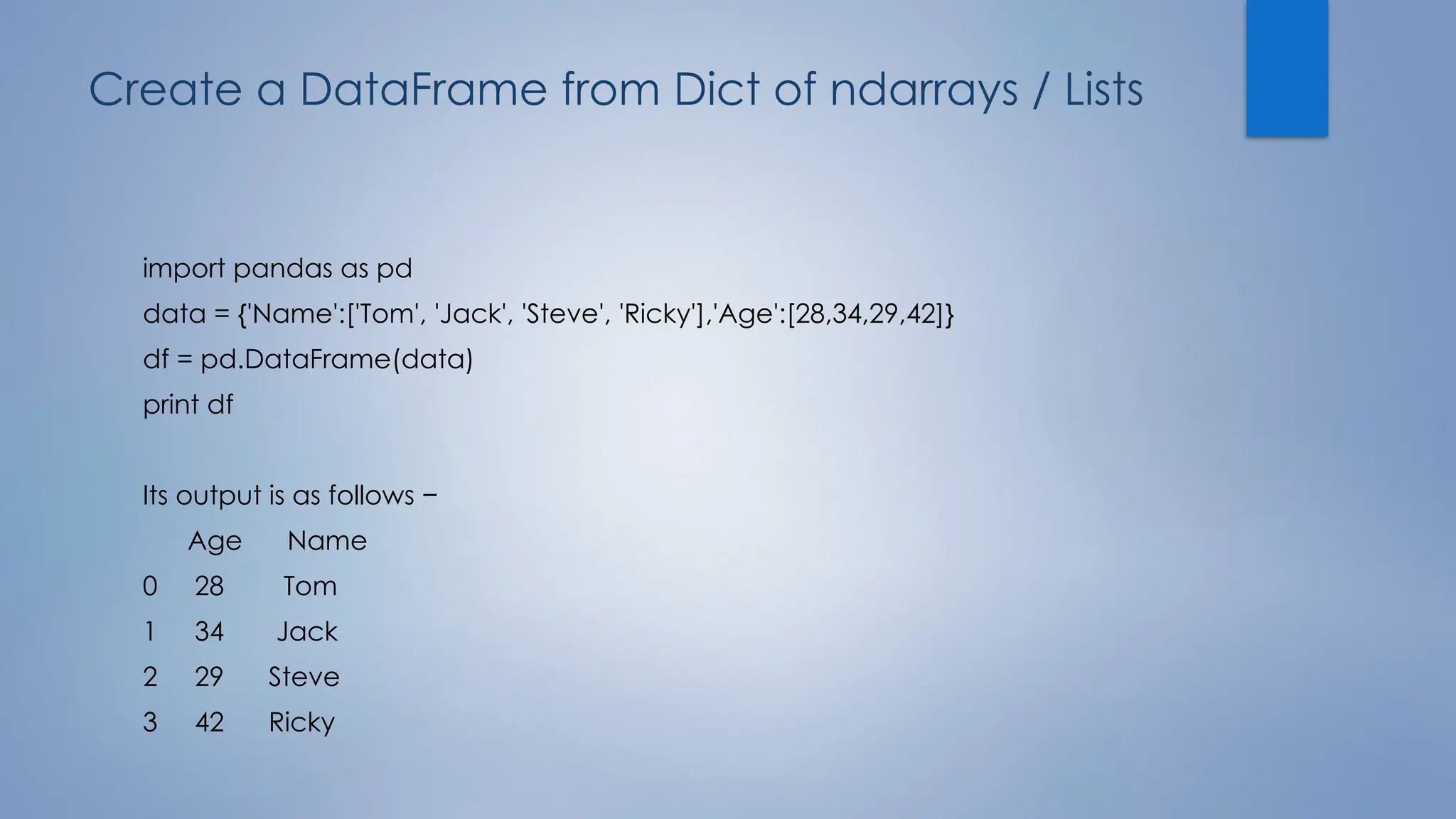 Create a DataFrame from Dict of ndarrays / Lists
import pandas as pd
data = {'Name':['Tom', 'Jack', 'Steve', 'Ricky'],'Age':[28,34,29,42]}
df = pd.DataFrame(data)
print df
Its output is as follows −
Age Name
0 28 Tom
1 34 Jack
2 29 Steve
3 42 Ricky
 