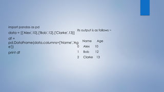 import pandas as pd
data = [['Alex',10],['Bob',12],['Clarke',13]]
df =
pd.DataFrame(data,columns=['Name','Ag
e'])
print df
Its output is as follows −
Name Age
0 Alex 10
1 Bob 12
2 Clarke 13
 