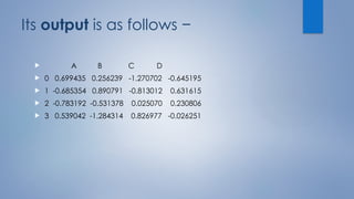 Its output is as follows −
 A B C D
 0 0.699435 0.256239 -1.270702 -0.645195
 1 -0.685354 0.890791 -0.813012 0.631615
 2 -0.783192 -0.531378 0.025070 0.230806
 3 0.539042 -1.284314 0.826977 -0.026251
 