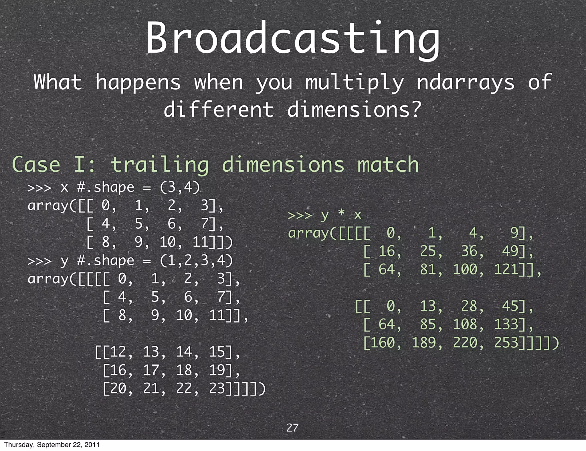Broadcasting What happens when you multiply ndarrays of different dimensions? Case I: trailing dimensions match >>> x #.shape = (3,4) array([[ 0, 1, 2, 3], >>> y * x [ 4, 5, 6, 7], array([[[[ 0, 1, 4, 9], [ 8, 9, 10, 11]]) [ 16, 25, 36, 49], >>> y #.shape = (1,2,3,4) [ 64, 81, 100, 121]], array([[[[ 0, 1, 2, 3], [ 4, 5, 6, 7], [[ 0, 13, 28, 45], [ 8, 9, 10, 11]], [ 64, 85, 108, 133], [160, 189, 220, 253]]]]) [[12, 13, 14, 15], [16, 17, 18, 19], [20, 21, 22, 23]]]]) 27 Thursday, September 22, 2011 
