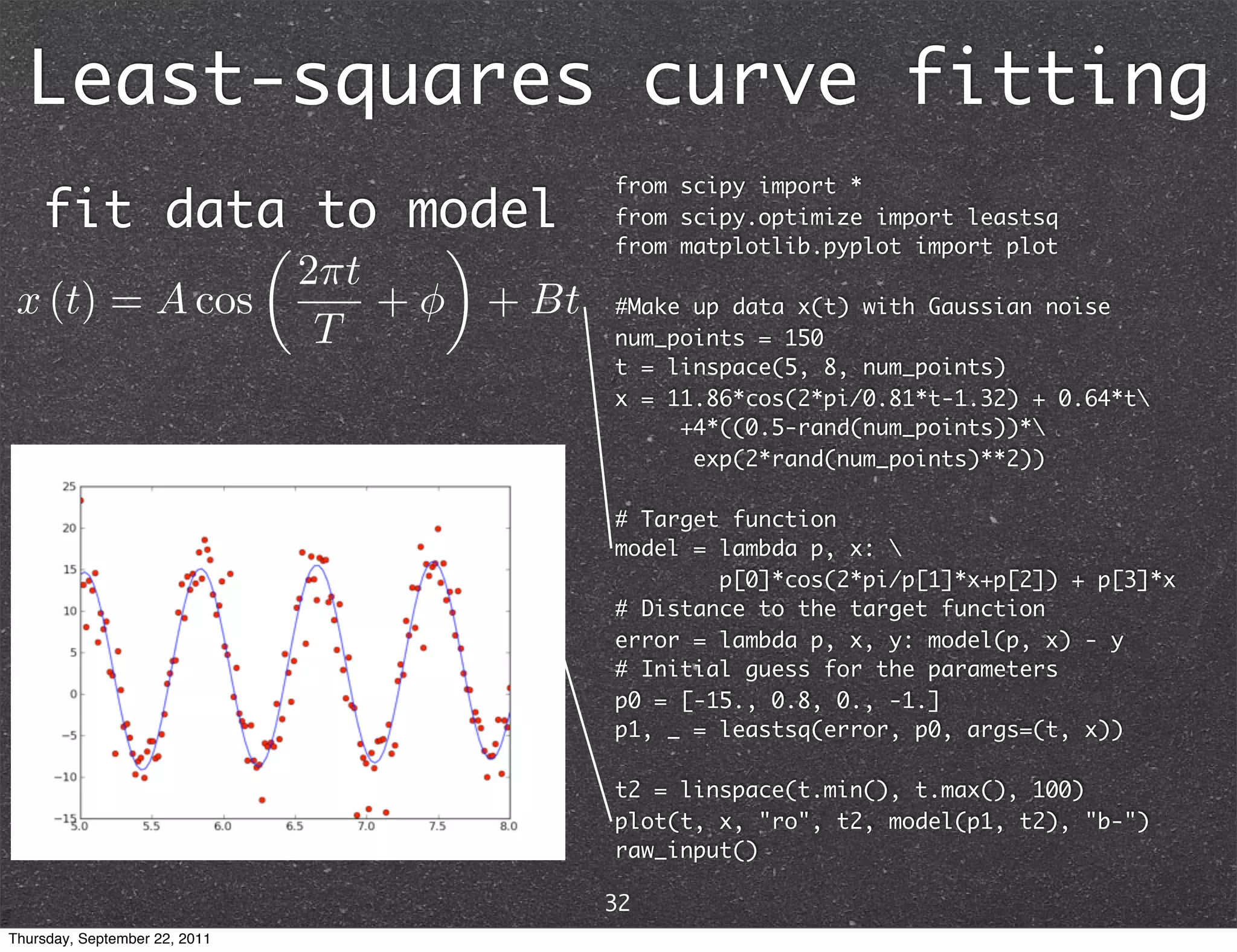 Least-squares curve fitting from scipy import * fit data to model from scipy.optimize import leastsq from matplotlib.pyplot import plot #Make up data x(t) with Gaussian noise num_points = 150 t = linspace(5, 8, num_points) x = 11.86*cos(2*pi/0.81*t-1.32) + 0.64*t +4*((0.5-rand(num_points))* exp(2*rand(num_points)**2)) # Target function model = lambda p, x: p[0]*cos(2*pi/p[1]*x+p[2]) + p[3]*x # Distance to the target function error = lambda p, x, y: model(p, x) - y # Initial guess for the parameters p0 = [-15., 0.8, 0., -1.] p1, _ = leastsq(error, p0, args=(t, x)) t2 = linspace(t.min(), t.max(), 100) plot(t, x, "ro", t2, model(p1, t2), "b-") raw_input() 32 Thursday, September 22, 2011 