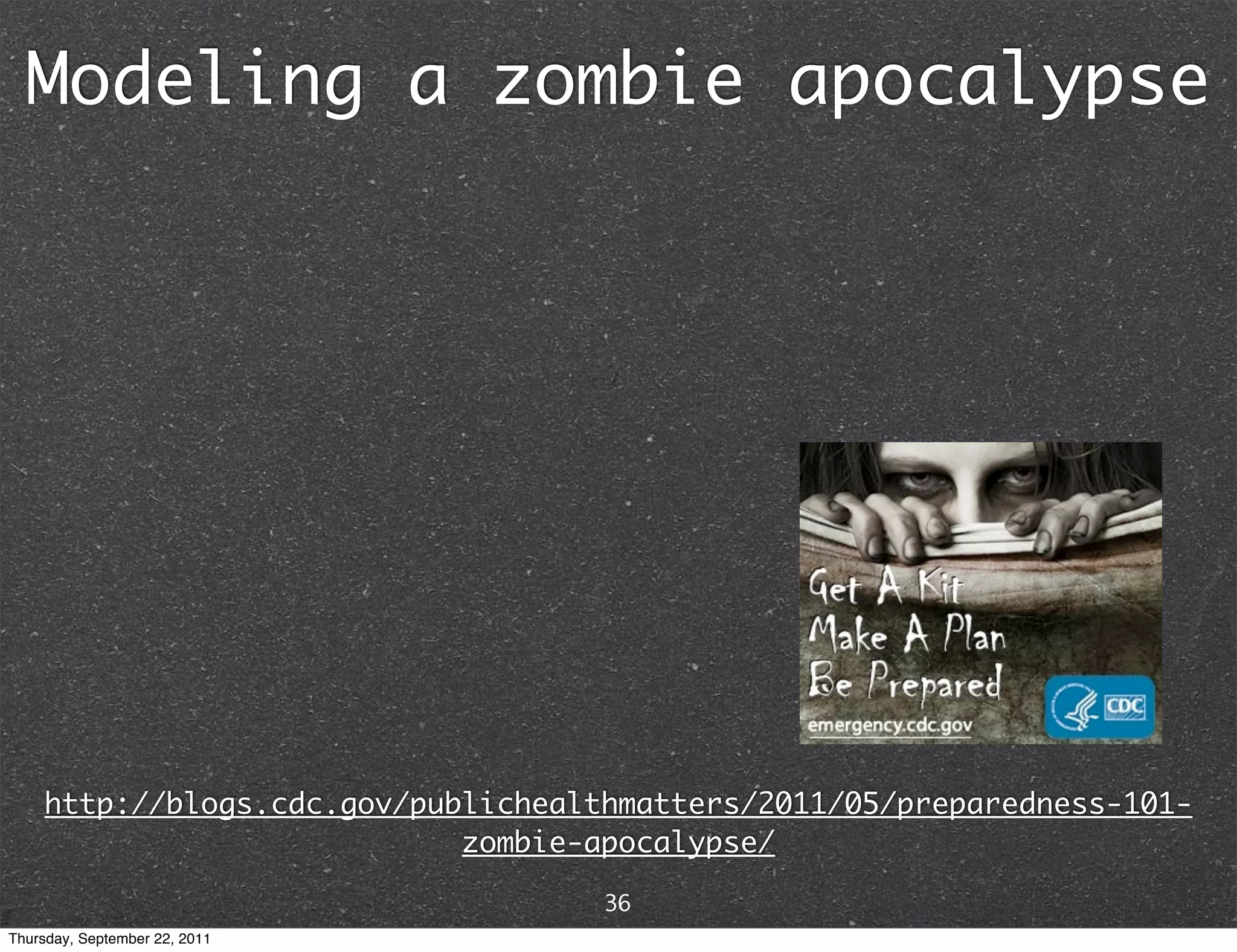 Modeling a zombie apocalypse http://blogs.cdc.gov/publichealthmatters/2011/05/preparedness-101- zombie-apocalypse/ 36 Thursday, September 22, 2011 