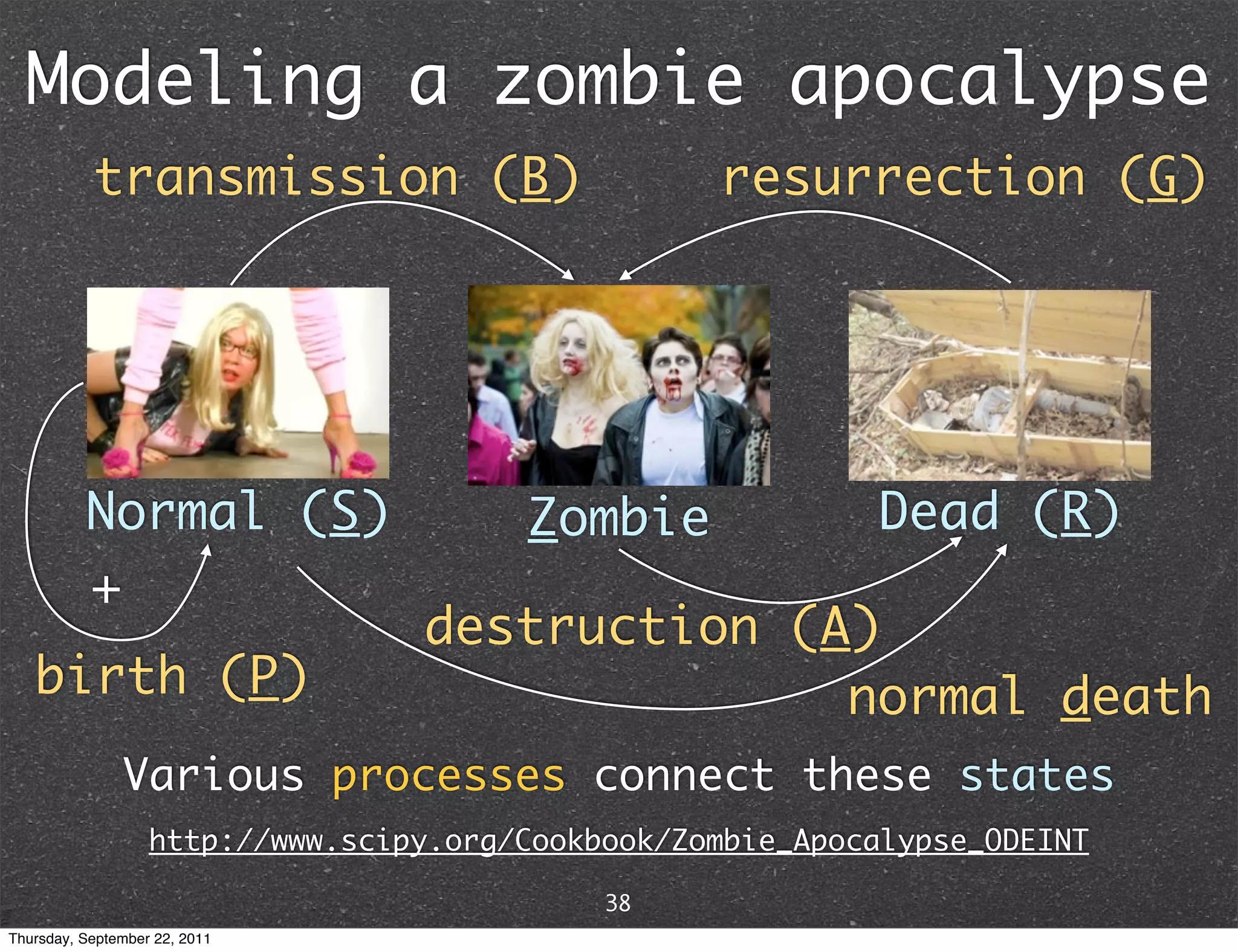 Modeling a zombie apocalypse transmission (B) resurrection (G) Normal (S) Zombie Dead (R) + destruction (A) birth (P) normal death Various processes connect these states http://www.scipy.org/Cookbook/Zombie_Apocalypse_ODEINT 38 Thursday, September 22, 2011 