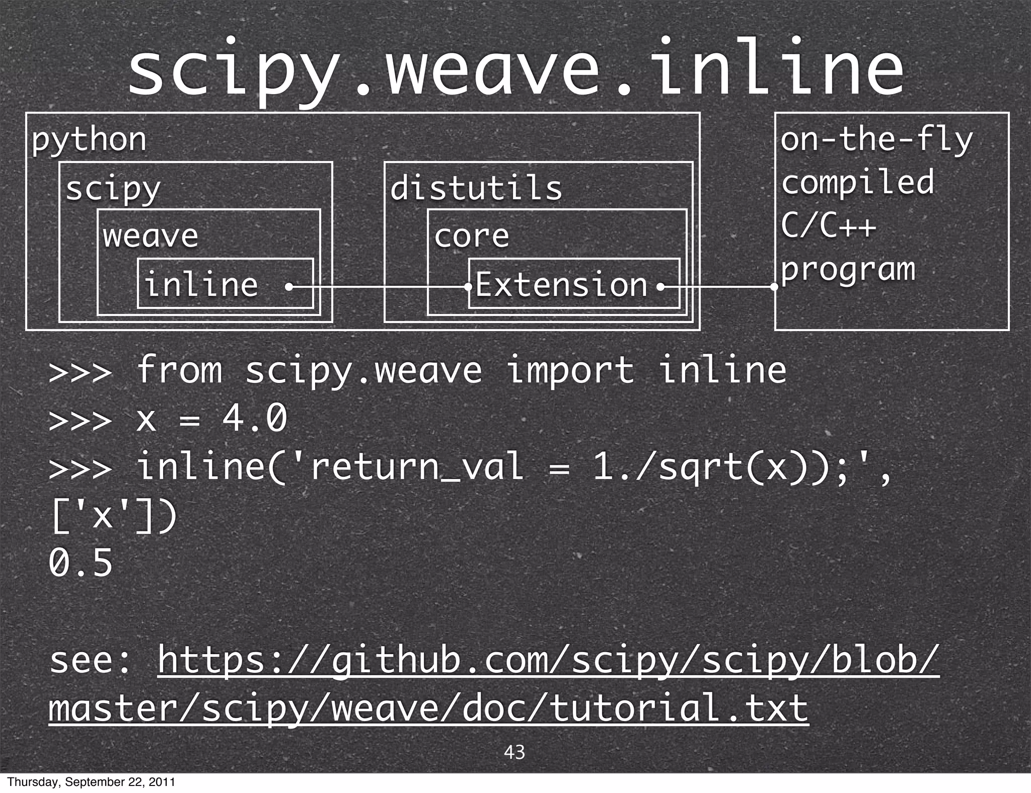 scipy.weave.inline python on-the-fly scipy distutils compiled weave core C/C++ program inline Extension >>> from scipy.weave import inline >>> x = 4.0 >>> inline('return_val = 1./sqrt(x));', ['x']) 0.5 see: https://github.com/scipy/scipy/blob/ master/scipy/weave/doc/tutorial.txt 43 Thursday, September 22, 2011 
