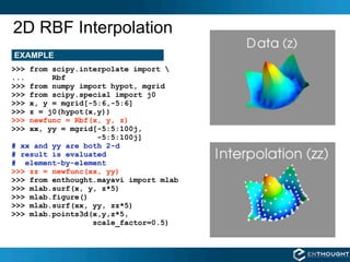2D RBF Interpolation
EXAMPLE
>>> from scipy.interpolate import 
...      Rbf
>>> from numpy import hypot, mgrid
>>> from s...