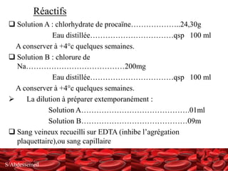S/Abdessemed
Réactifs
 Solution A : chlorhydrate de procaïne………………..24,30g
Eau distillée……………………………qsp 100 ml
A conserver à +4°c quelques semaines.
 Solution B : chlorure de
Na…………………………………200mg
Eau distillée……………………………qsp 100 ml
A conserver à +4°c quelques semaines.
 La dilution à préparer extemporanément :
Solution A…………………………………….01ml
Solution B……………………………………09m
 Sang veineux recueilli sur EDTA (inhibe l’agrégation
plaquettaire),ou sang capillaire
 