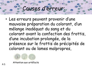 A S
Causes d’erreur:
• Les erreurs peuvent provenir d’une
mauvaise préparation du colorant, d’un
mélange inadéquat du sang et du
colorant avant la confection des frottis,
d’une incubation prolongée, de la
présence sur le frottis de précipités de
colorant ou de lames malpropres,
Attention aux artéfacts
 