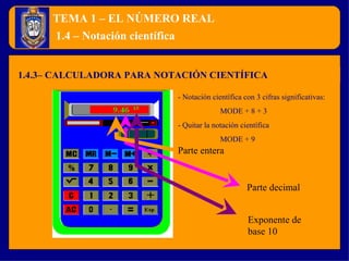 TEMA 1 – EL NÚMERO REAL 1.4.3– CALCULADORA PARA NOTACIÓN CIENTÍFICA 1.4 – Notación científica Parte entera - Notación científica con 3 cifras significativas: MODE + 8 + 3 - Quitar la notación científica MODE + 9 Parte decimal Exponente de  base 10 