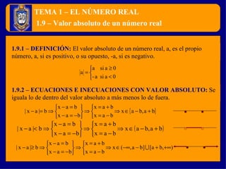 TEMA 1 – EL NÚMERO REAL 1.9.1 – DEFINICIÓN:  El valor absoluto de un número real, a, es el propio número, a, si es positivo, o su opuesto, -a, si es negativo. 1.9 – Valor absoluto de un número real 1.9.2 – ECUACIONES E INECUACIONES CON VALOR ABSOLUTO:  Se iguala lo de dentro del valor absoluto a más menos lo de fuera. 