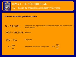 TEMA 1 – EL NÚMERO REAL Números decimales periódicos puros 1.2 – Pasar de fracción a decimal y viceversa N = 2,383838... 100N = 238,3838... Multiplicar por la potencia de 10 adecuada obtener otro número con el mismo periodo Restarlos Simplificar la fracción, si es posible Despejar N 99N = 236 