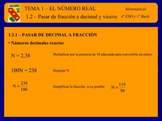 TEMA 1 – EL NÚMERO REAL Matemáticas
4º E.S.O.
1.2.1 – PASAR DE DECIMAL A FRACCIÓN
• Números decimales exactos
1.2 – Pasar de fracción a decimal y viceversa
100
238
N =
N = 2,38 Multiplicar por la potencia de 10 adecuada para convertirlo en entero
Simplificar la fracción, si es posible
50
119
N =
Despejar N100N = 238
Matemáticas
4º ESO y 1º Bach.
 