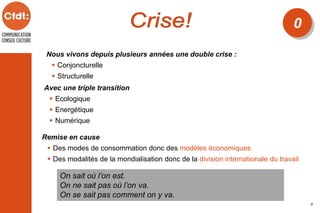 Nous vivons depuis plusieurs années une double crise :
 Conjoncturelle
 Structurelle
On sait où l’on est.
On ne sait pas où l’on va.
On se sait pas comment on y va.
0
5
Avec une triple transition
 Ecologique
 Energétique
 Numérique
Remise en cause
 Des modes de consommation donc des modèles économiques
 Des modalités de la mondialisation donc de la division internationale du travail
 
