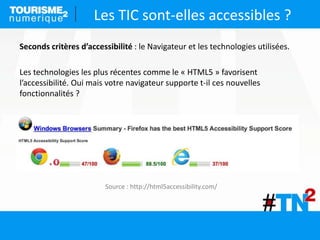 Les TIC sont-elles accessibles ?
Seconds critères d’accessibilité : le Navigateur et les technologies utilisées.
Les technologies les plus récentes comme le « HTML5 » favorisent
l’accessibilité. Oui mais votre navigateur supporte t-il ces nouvelles
fonctionnalités ?
Source : http://html5accessibility.com/
 