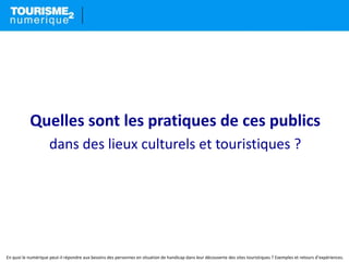 Quelles sont les pratiques de ces publics
dans des lieux culturels et touristiques ?
En quoi le numérique peut-il répondre aux besoins des personnes en situation de handicap dans leur découverte des sites touristiques ? Exemples et retours d’expériences.
 