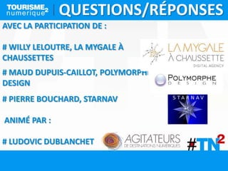 QUESTIONS/RÉPONSES
AVEC LA PARTICIPATION DE :
# WILLY LELOUTRE, LA MYGALE À
CHAUSSETTES
# MAUD DUPUIS-CAILLOT, POLYMORPHE
DESIGN
# PIERRE BOUCHARD, STARNAV
ANIMÉ PAR :
# LUDOVIC DUBLANCHET
 