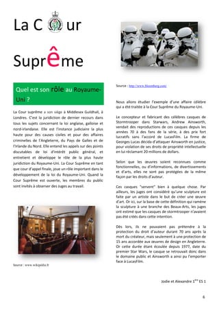 La C ur 
Suprême 
Quel est son rôle au Royaume 
Uni ? 
La Cour suprême a son siège à Middlesex Guildhall 
Londres. C’est la juridiction de dernier recours dans 
tous les sujets concernant la loi anglaise, galloise et 
nord-irlandaise. Elle est l’instance judiciaire la plus 
haute pour des causes civiles et pour des affaires 
criminelles de l’Angleterre, du Pays de Galles et de 
l’Irlande du Nord. Elle entend les appels 
discutables de loi d'intérêt public 
entretient et développe le rôle de la 
juridiction du Royaume-Uni. La Cour Suprême en tant 
que cour d’appel finale, joue un rôle important dans le 
développement de la loi du Royaume- 
Cour Suprême est ouverte, les membres du public 
sont invités à observer des Juges au travail. 
Source : www.wikipédia.fr 
me 
Guildhall, à 
sur des points 
général, et 
plus haute 
-Uni. Quand la 
Source : http://www.bloomberg.com/ 
Nous allons étudier l’exemple d’une affaire célèbre 
qui a été traitée à la Cour Suprême du Royaume 
Le concepteur et fabricant d 
Stormtrooper dans Starwars 
vendait des reproductions 
années 70 à des fans de la série, 
lucratifs sans l’accord de LucasFilm. La f 
Georges Lucas décida d’attaquer Ainsworth en justice, 
pour violation de ses droits 
en lui réclamant 20 millions de dollars 
Selon que les oeuvres soient reconnues comme 
fonctionnelles, ou d’informations, de divertissements 
et d’arts, elles ne sont pas protégées de la même 
façon par les droits d’auteur. 
Ces casques "servent" bien à quelque chose. 
ailleurs, les juges ont considéré qu’une sculpture est 
faite par un artiste dans le but de créer une 
d’art. Or ici, sur la base de cette définition qui ramène 
la sculpture à une branche des Beaux 
ont estimé que les casques de stormtrooper n’avaient 
pas été créés dans cette intention. 
Dès lors, ils ne pouvaient pas prétendre à la 
protection du droit d’auteur durant 70 ans après la 
mort du créateur, mais seulement à une protection de 
15 ans accordée aux oeuvres 
Or cette durée étant écoulée depuis 1977, date du 
premier Star Wars, le casque se retrouvait donc dans 
le domaine public et Ainsworth a ainsi pu l’emporter 
face à LucasFilm. 
Royaume-http:// 
Royaume-Uni. 
des célèbres casques de 
Starwars, Andrew Ainsworth, 
de ces casques depuis les 
0 à des prix fort 
firme de 
de propriété intellectuelle 
dollars. 
Par 
oeuvre 
Beaux-Arts, les juges 
de design en Angleterre. 
Jodie et Alexandre 1ère ES 1 
6 
 