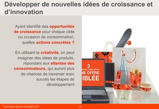 Tous droits réservés Numsight 2014 – 2 –
Développer de nouvelles idées de croissance et
d’innovation
Ayant identifié des opportunités
de croissance pour chaque cible
ou occasion de consommation,
quelles actions concrètes ?
En utilisant la créativité, on peut
imaginer des idées de produits,
répondant aux attentes des
consommateurs, qui auront plus
de chances de traverser avec
succès les étapes de
développement
 