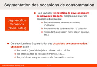 Tous droits réservés Numsight 2014 – 3 –
Segmentation des occasions de consommation
Segmentation
Occasions
(Need States)
˜  Pour favoriser l’innovation, le développement
de nouveaux produits, adaptés aux diverses
occasions d’utilisation :
š  Pour un moment de consommation /
d’utilisation
š  Pour un lieu de consommation / d’utilisation
š  Répondant à un besoin (faim, plaisir, douceur,
etc..)
˜  Construction d’une Segmentation des occasions de consommation /
utilisation selon :
š  les besoins (Needstates) dans cette occasion précise
š  les circonstances de l’occasion (moment, lieu, ..)
š  les produits et marques consommés dans cette occasion
 