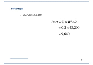 1. What’s 20% of 48,200?
Percentages
8
€
Part = % ×Whole
€
= 0.2 × 48,200
€
= 9,640
 