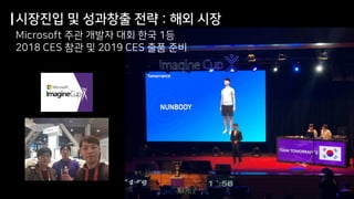 시장진입 및 성과창출 전략 : 해외 시장
Microsoft 주관 개발자 대회 한국 1등
2018 CES 참관 및 2019 CES 출품 준비
출처 : 문화체육 관광부
 