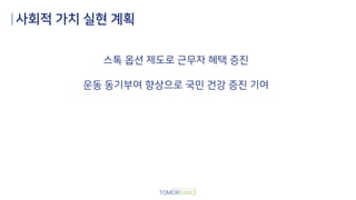 사회적 가치 실현 계획
스톡 옵션 제도로 근무자 혜택 증진
운동 동기부여 향상으로 국민 건강 증진 기여
 