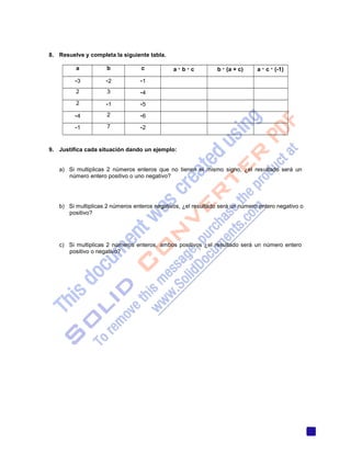 4
8. Resuelve y completa la siguiente tabla.
a b c a · b · c b · (a + c) a · c · (-1)
-3 -2 -1
2 3 -4
2 -1 -5
-4 2 -6
-1 7 -2
9. Justifica cada situación dando un ejemplo:
a) Si multiplicas 2 números enteros que no tienen el mismo signo, ¿el resultado será un
número entero positivo o uno negativo?
b) Si multiplicas 2 números enteros negativos, ¿el resultado será un número entero negativo o
positivo?
c) Si multiplicas 2 números enteros, ambos positivos ¿el resultado será un número entero
positivo o negativo?
 